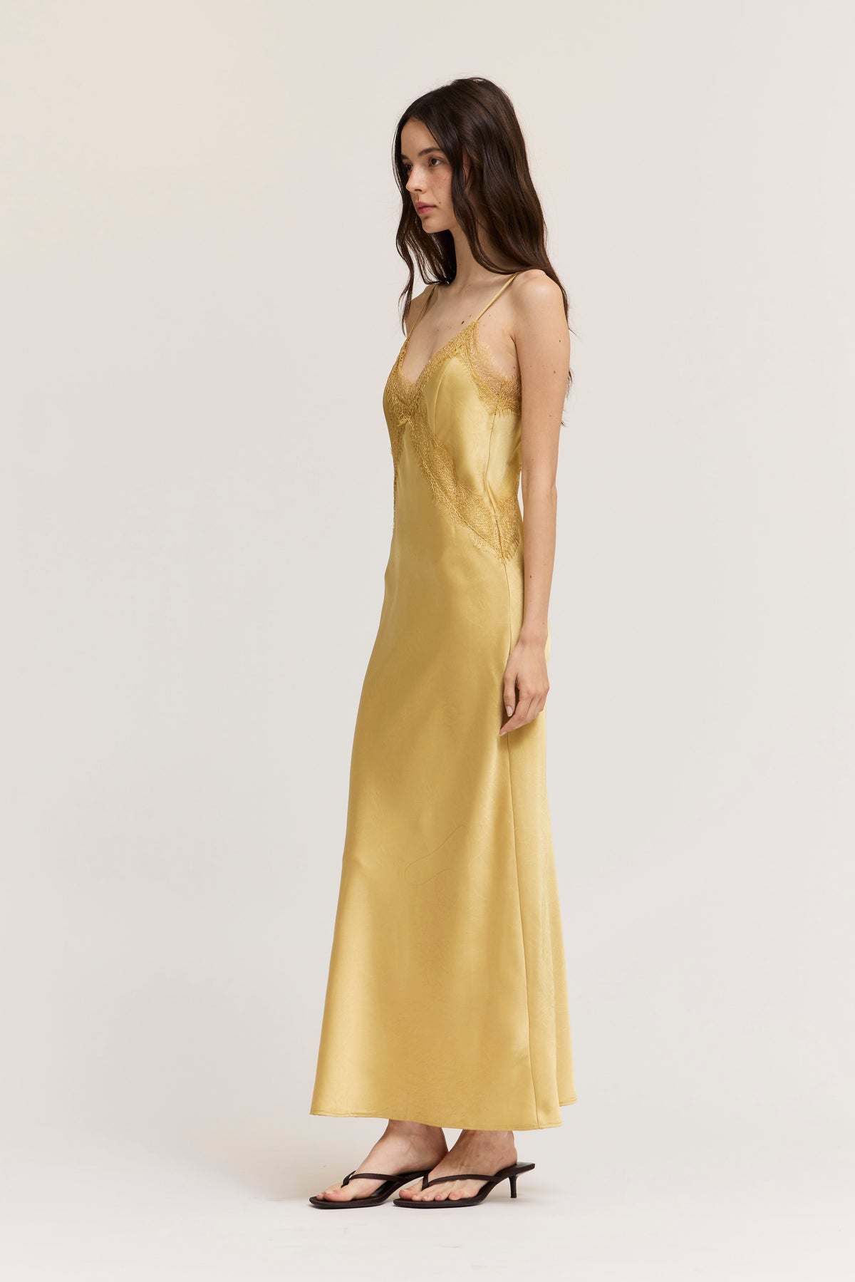 Lace Detailed Midi Satin Dress in Daffodil