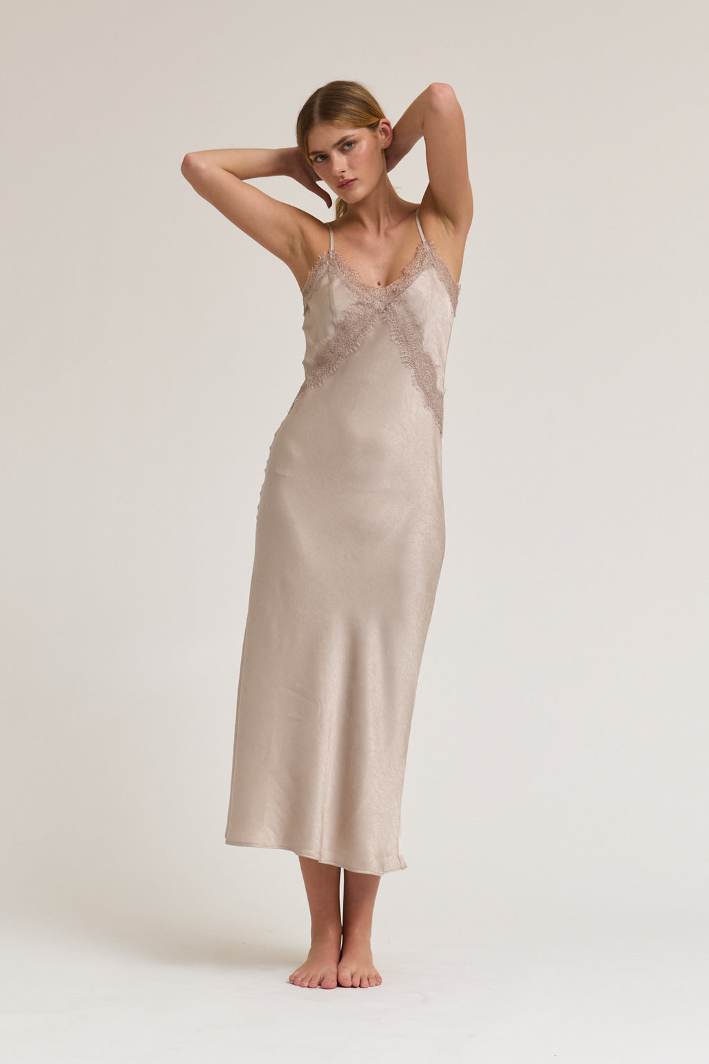 Lace Detailed Maxi Satin Dress