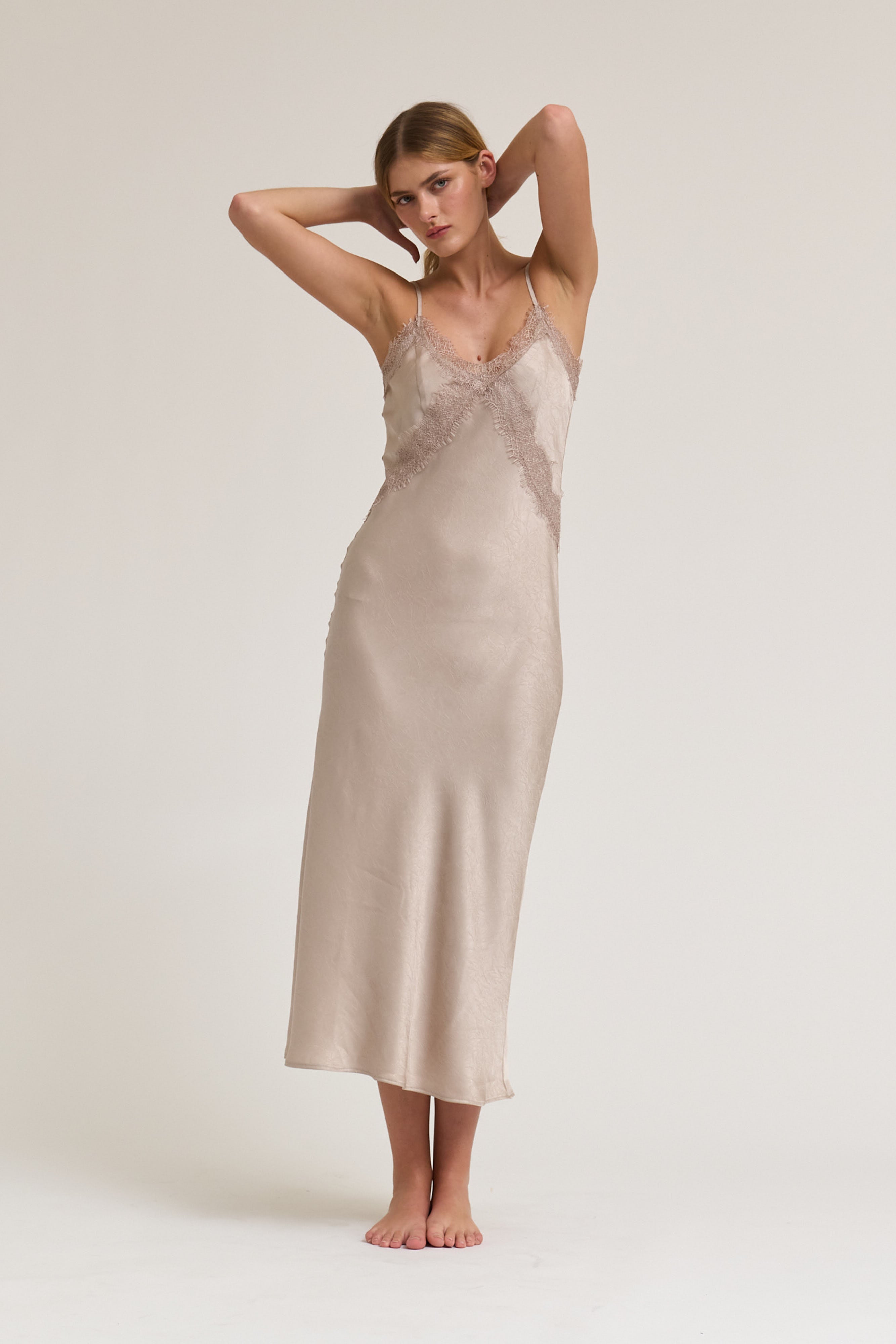 Lace Detailed Maxi Satin Dress