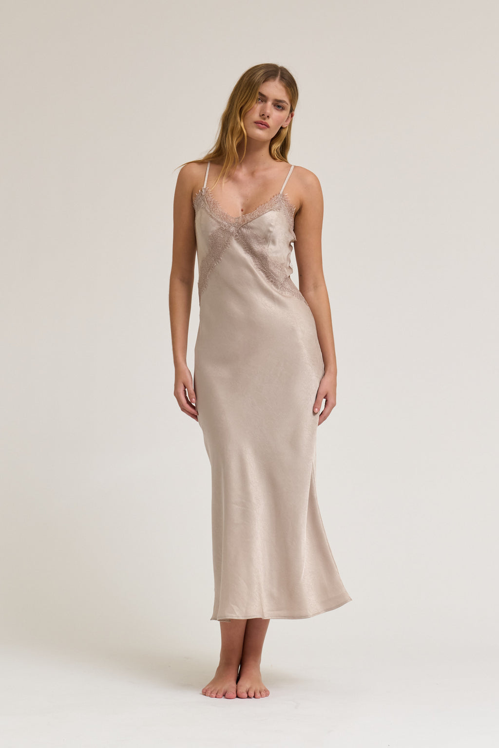 Lace Detailed Maxi Satin Dress