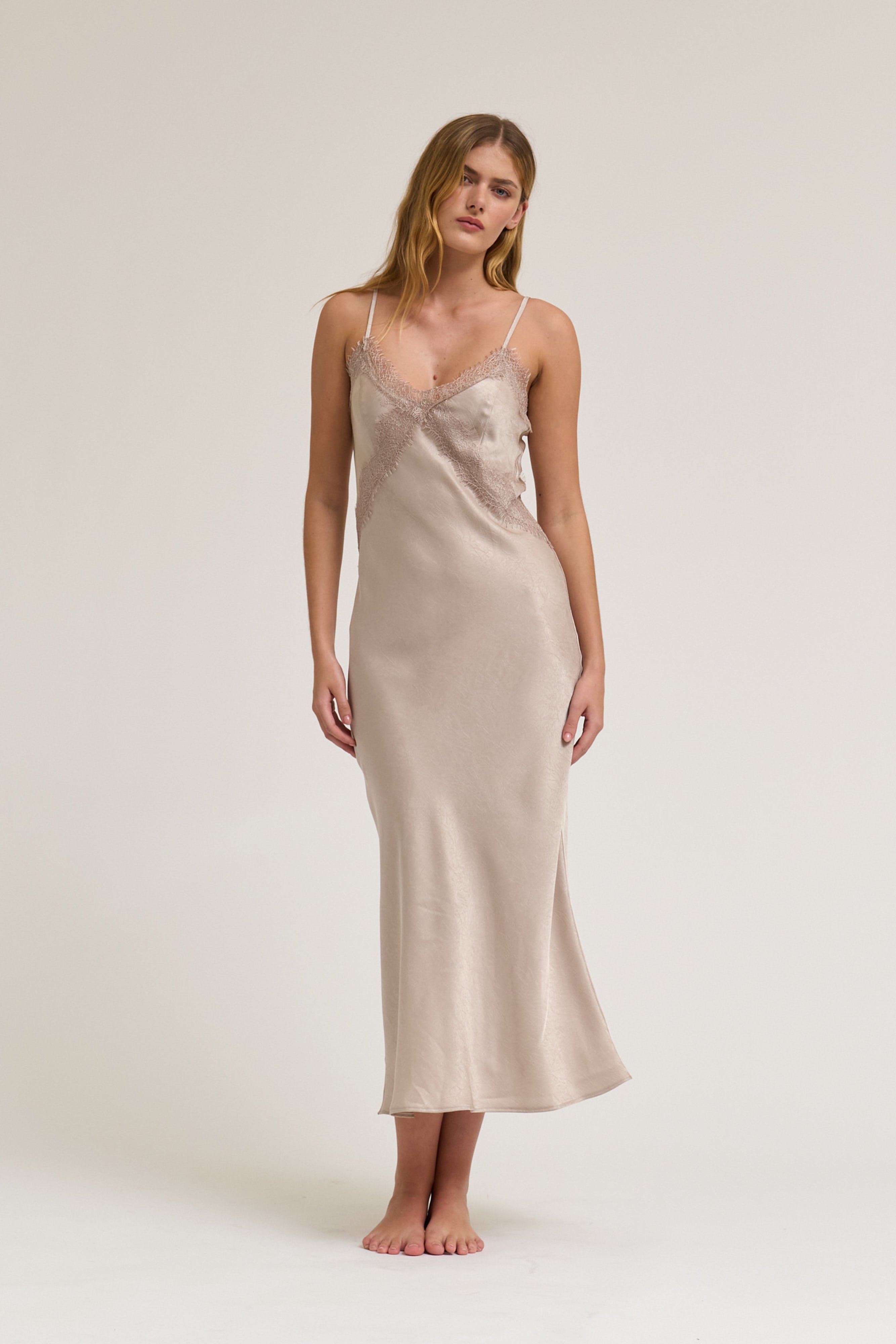 Lace Detailed Maxi Satin Dress