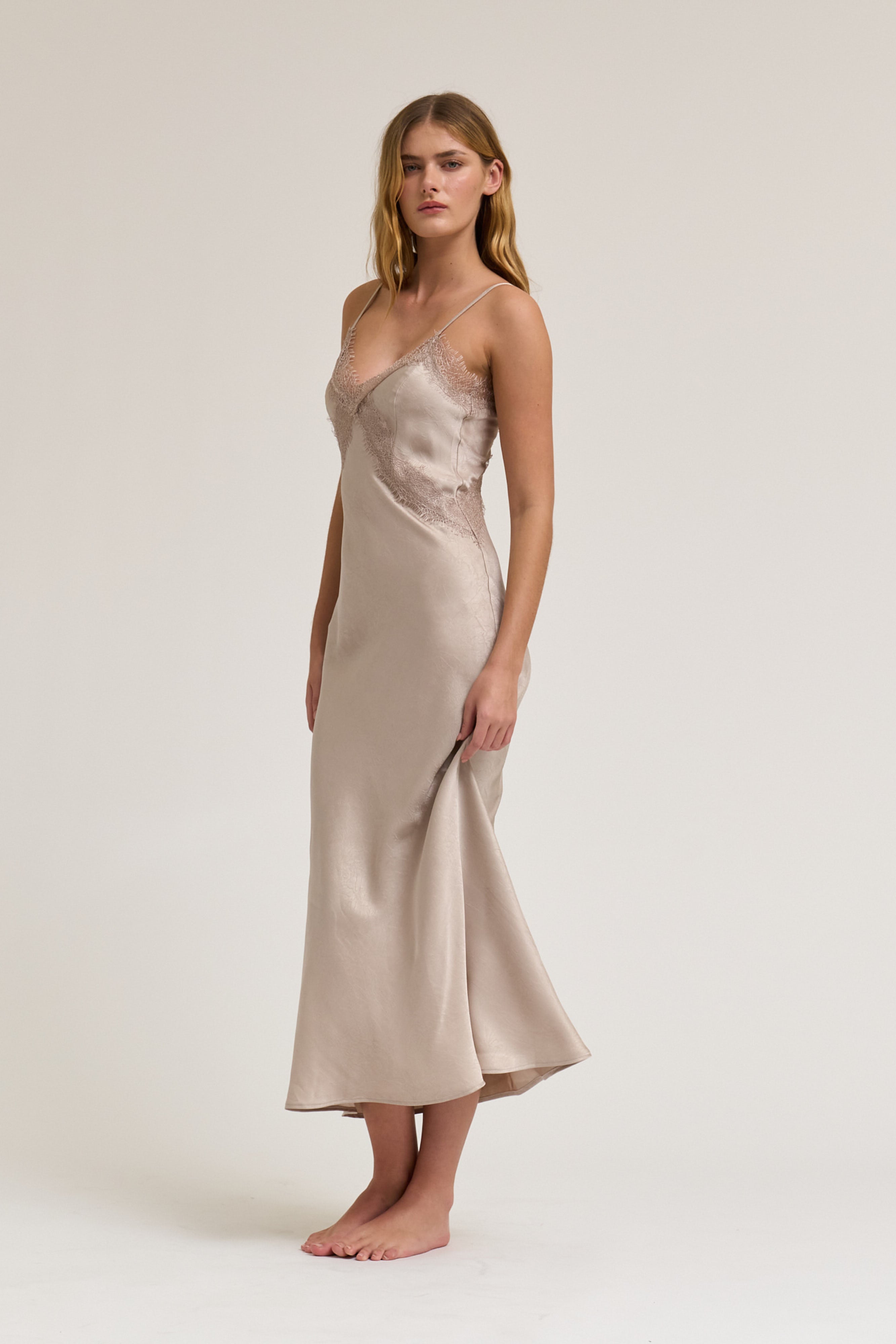 Lace Detailed Maxi Satin Dress