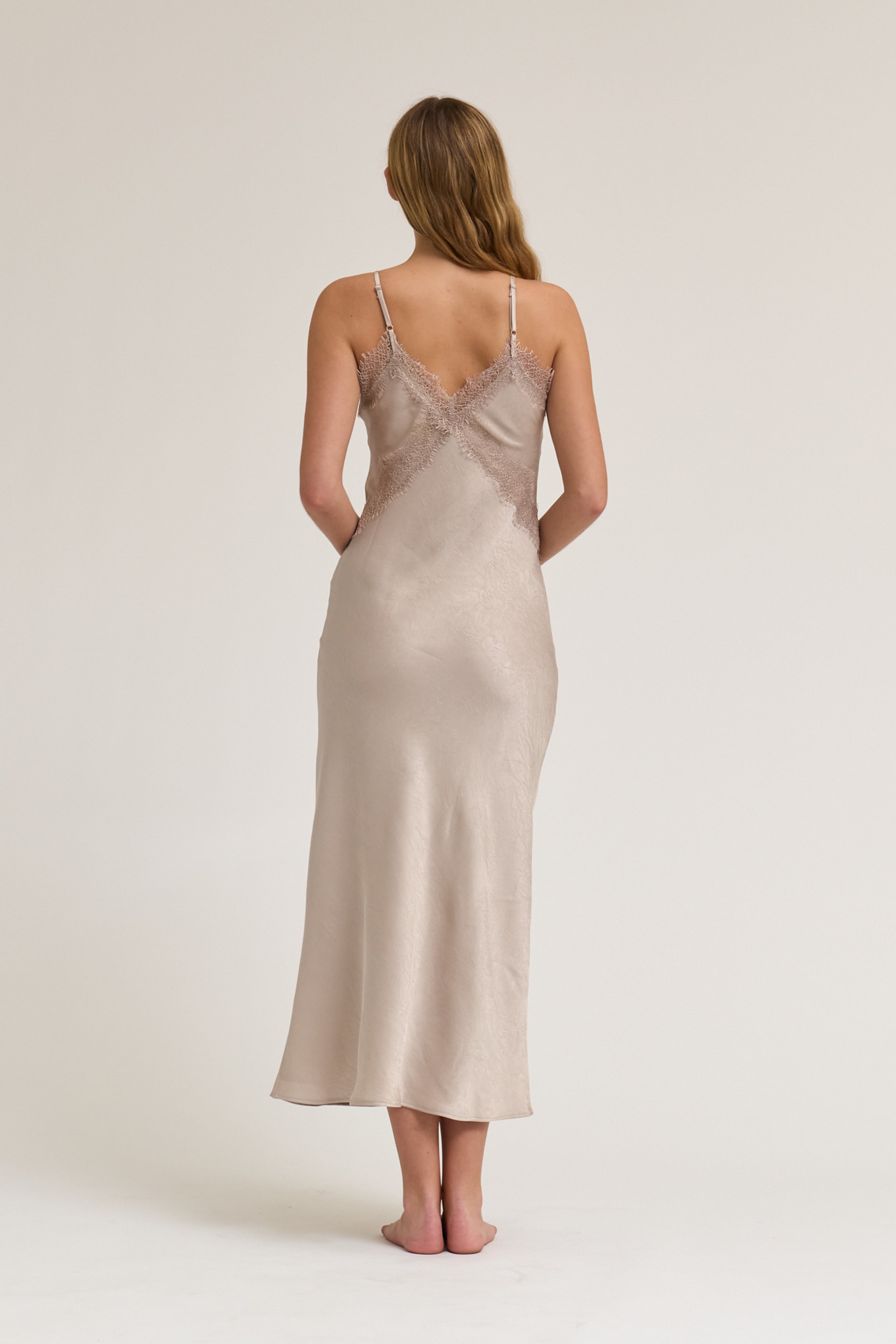 Lace Detailed Maxi Satin Dress