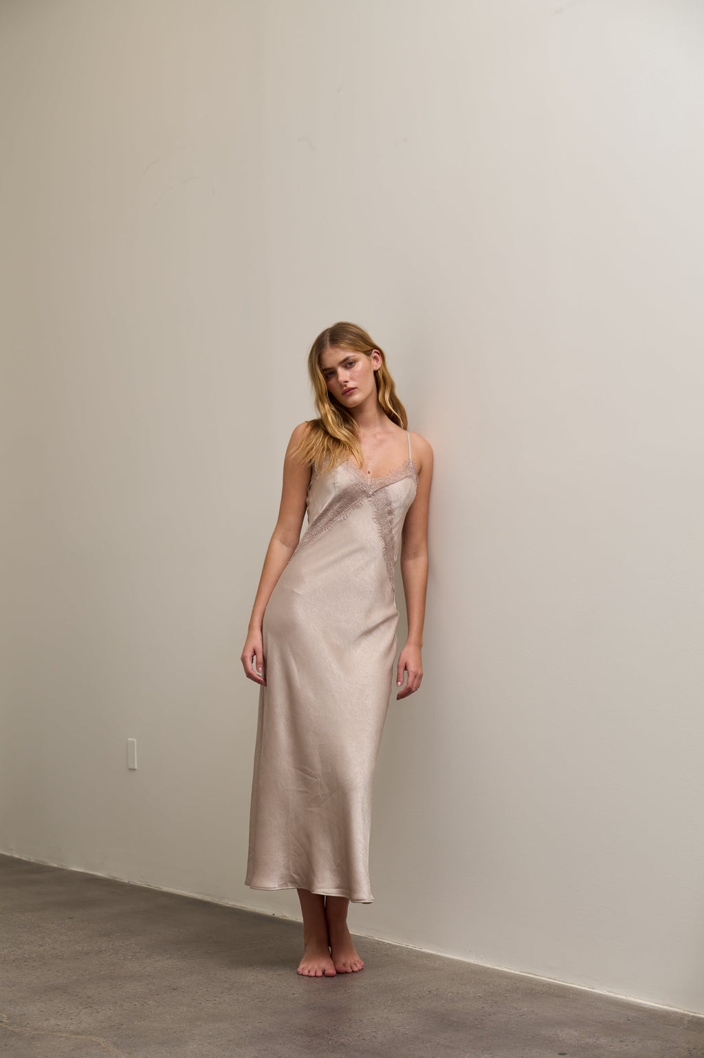 Lace Detailed Maxi Satin Dress
