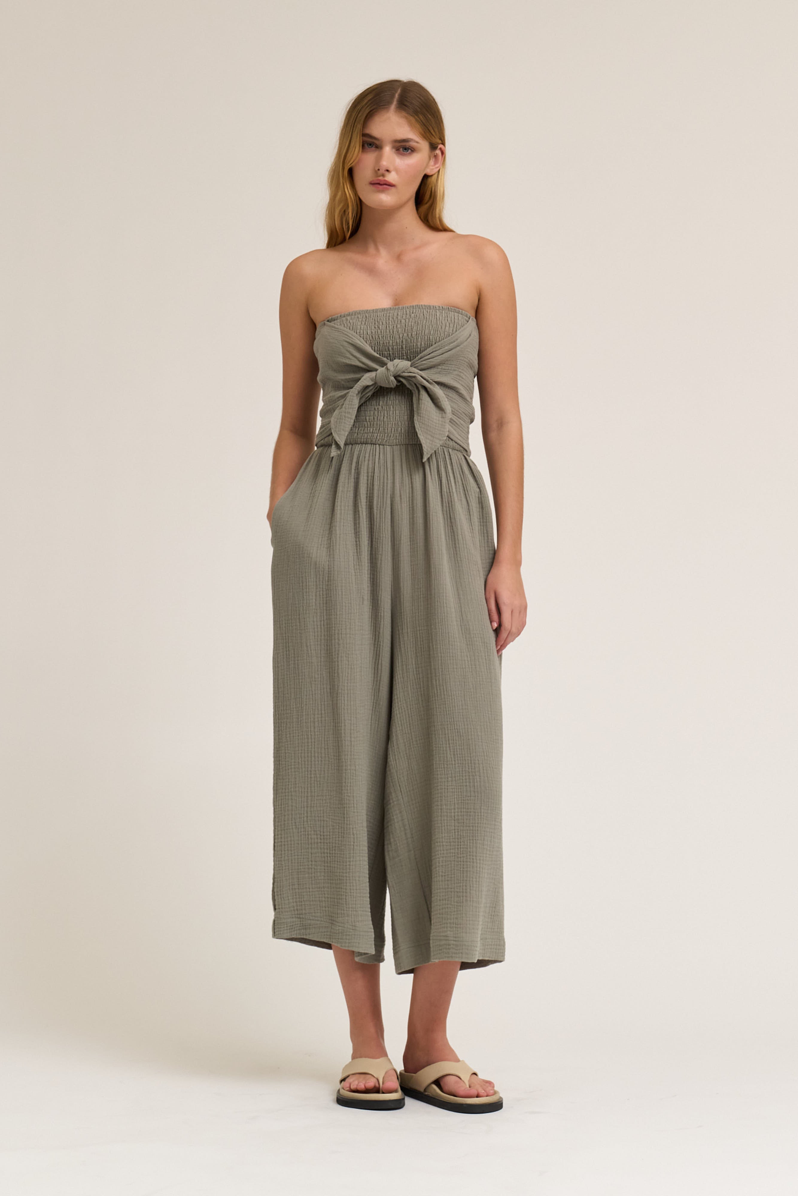Tie Front Gauze Jumpsuit in Dry Thyme