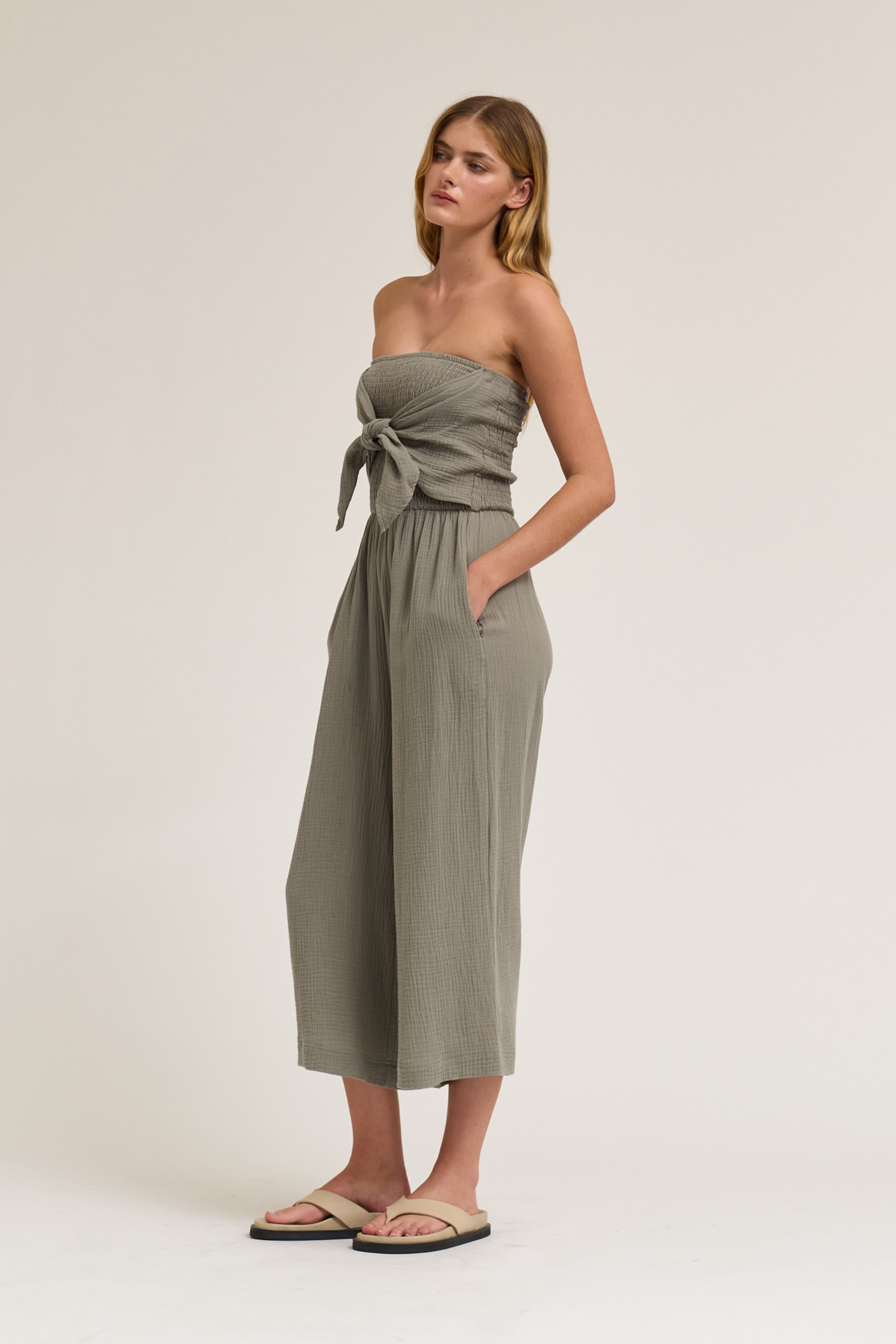 Tie Front Gauze Jumpsuit in Dry Thyme