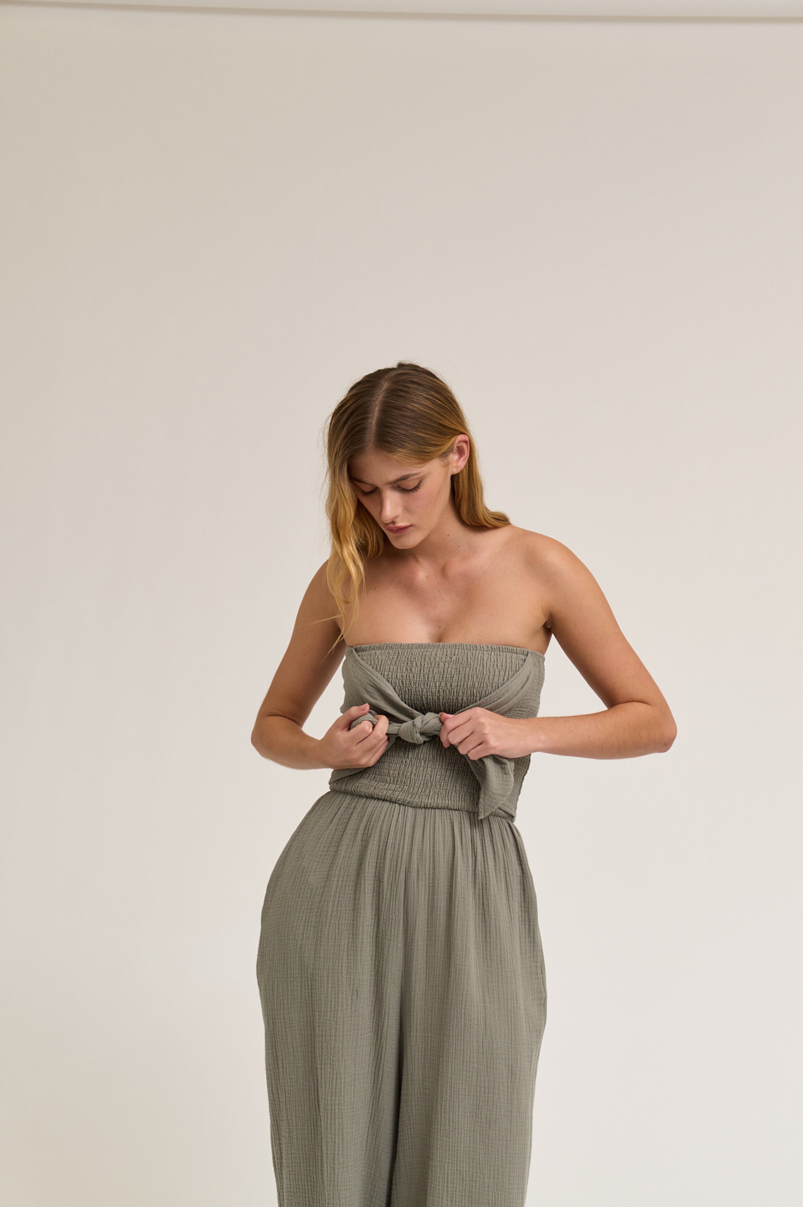 Tie Front Gauze Jumpsuit in Dry Thyme