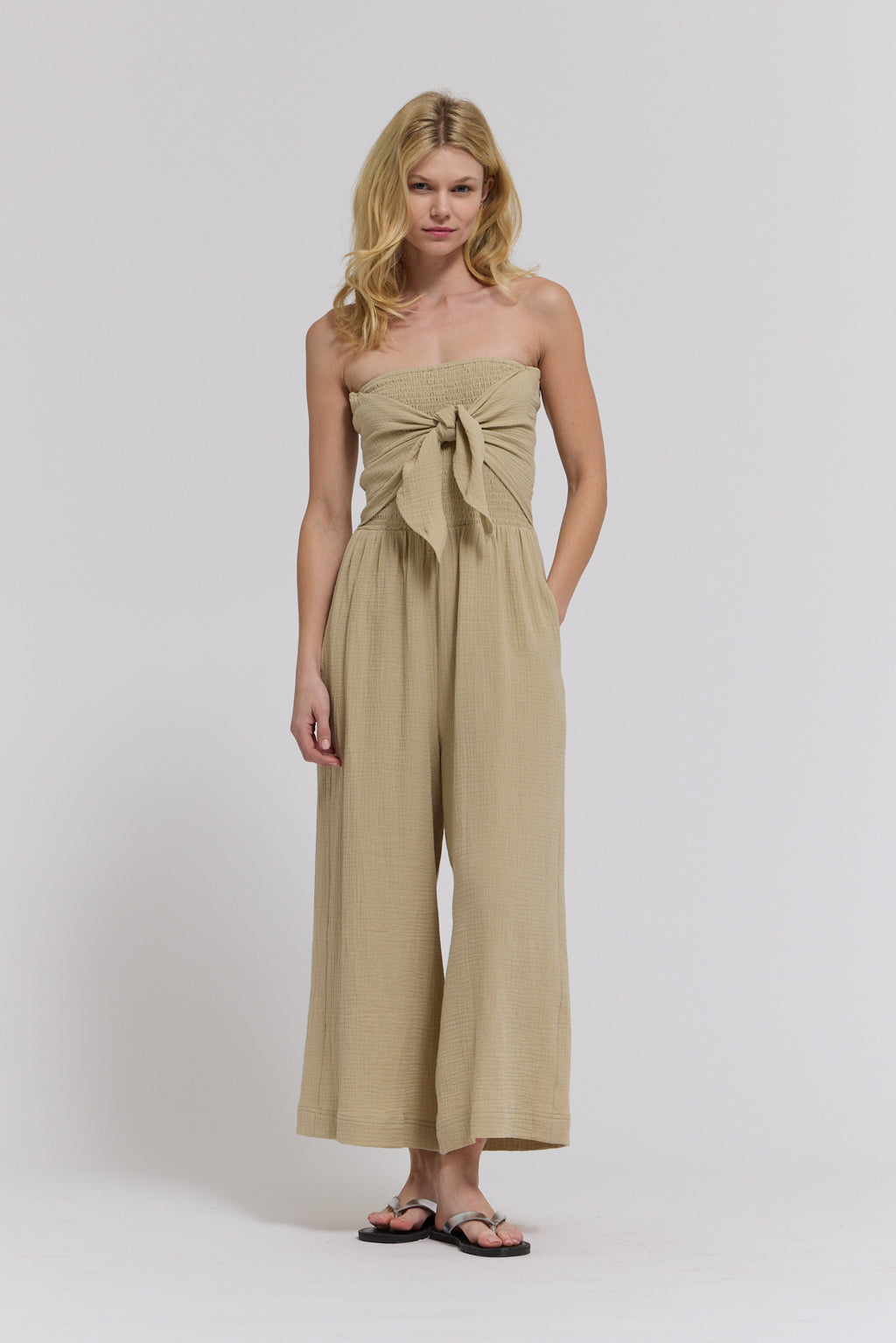 Tie Front Gauze Jumpsuit in Flax