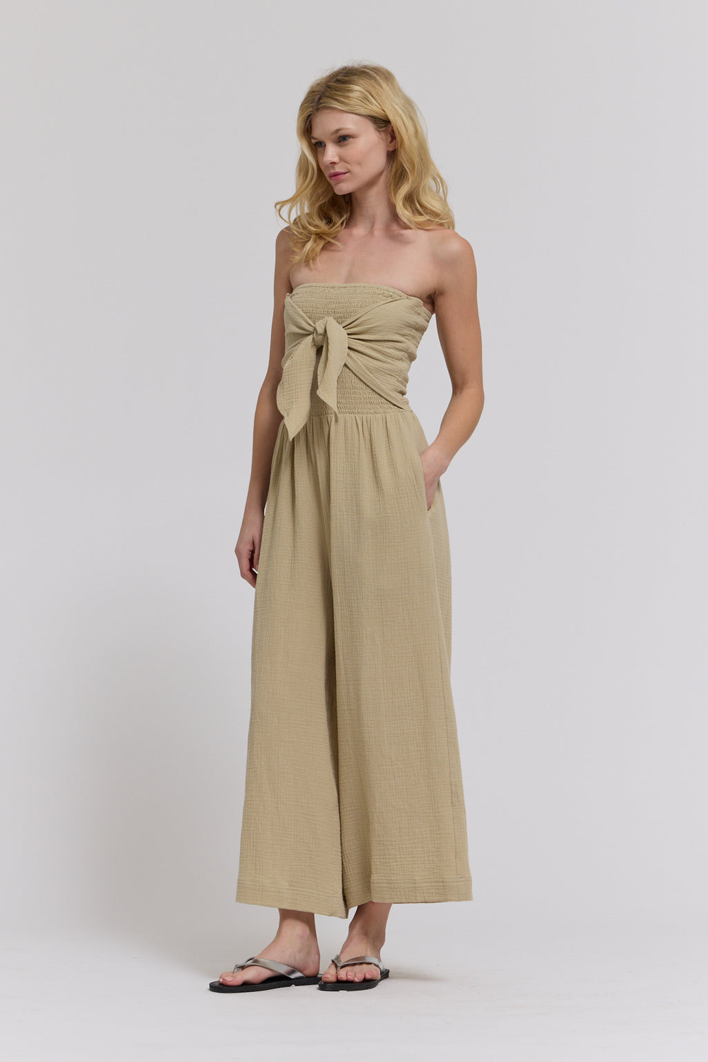 Tie Front Gauze Jumpsuit in Flax