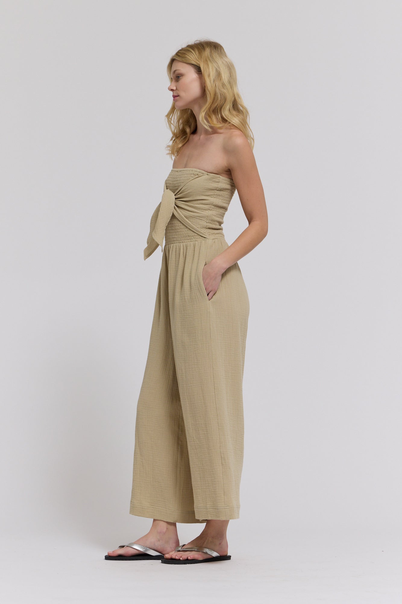Tie Front Gauze Jumpsuit in Flax