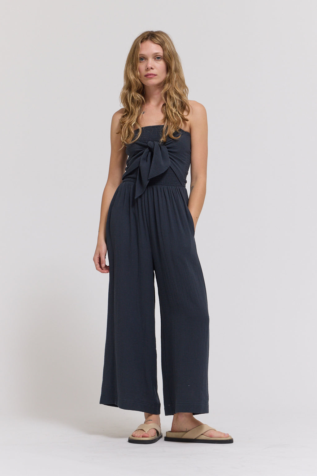 Tie Front Gauze Jumpsuit in Midnight