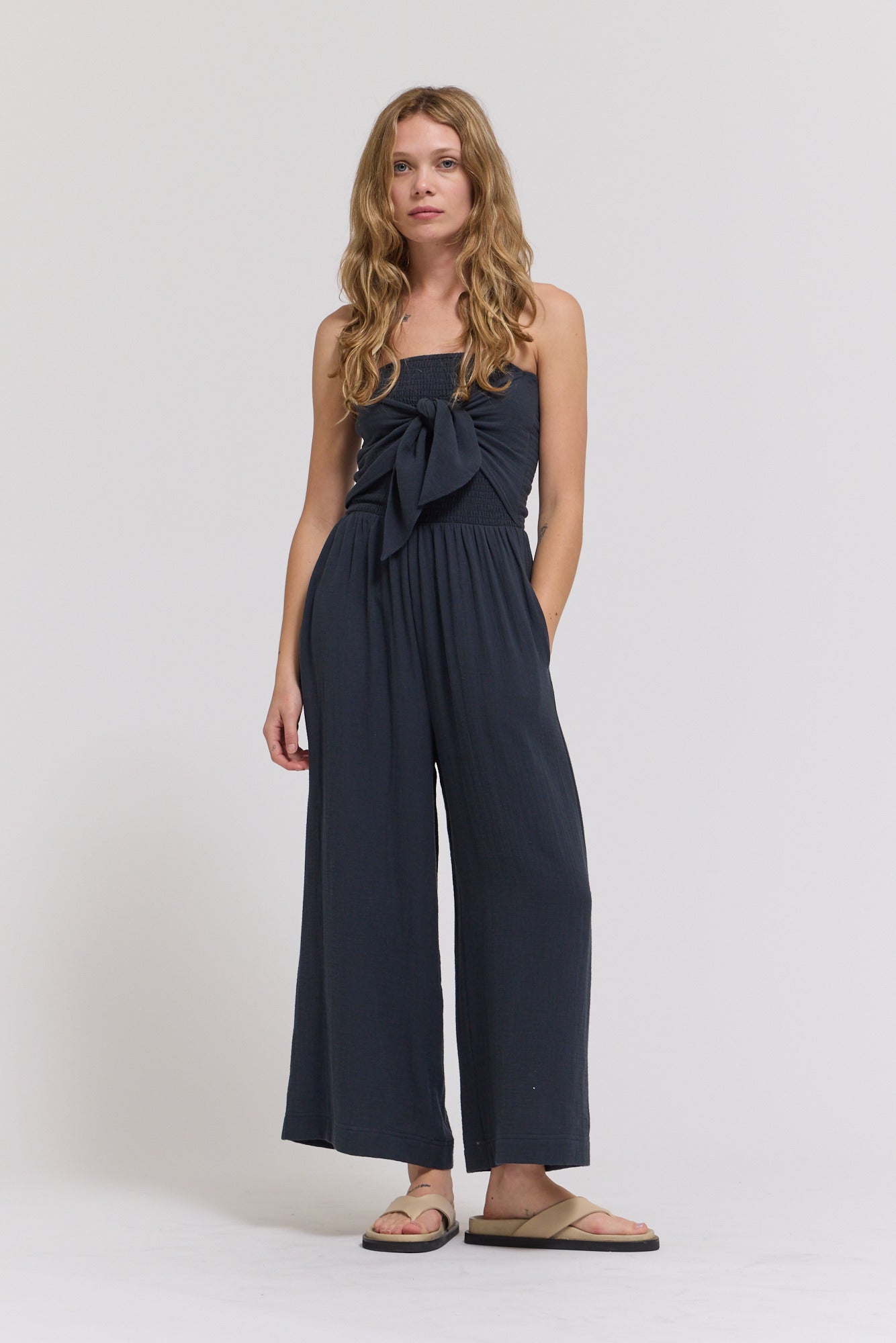 Tie Front Gauze Jumpsuit in Midnight