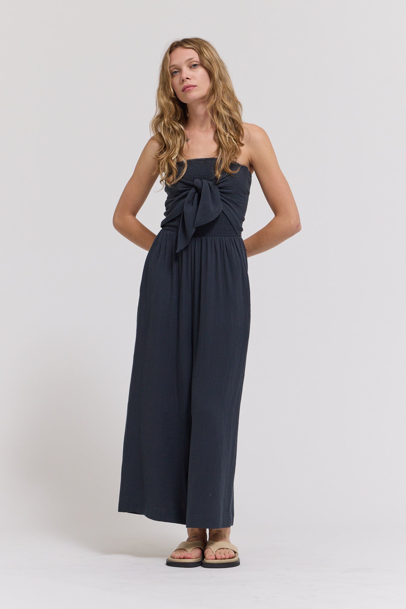 Tie Front Gauze Jumpsuit in Midnight
