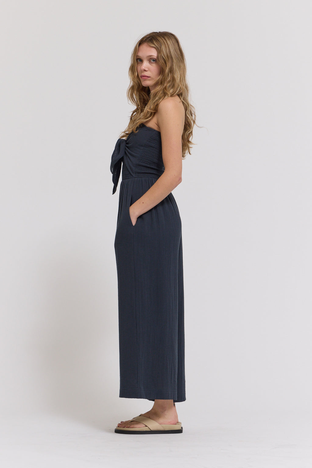 Tie Front Gauze Jumpsuit in Midnight