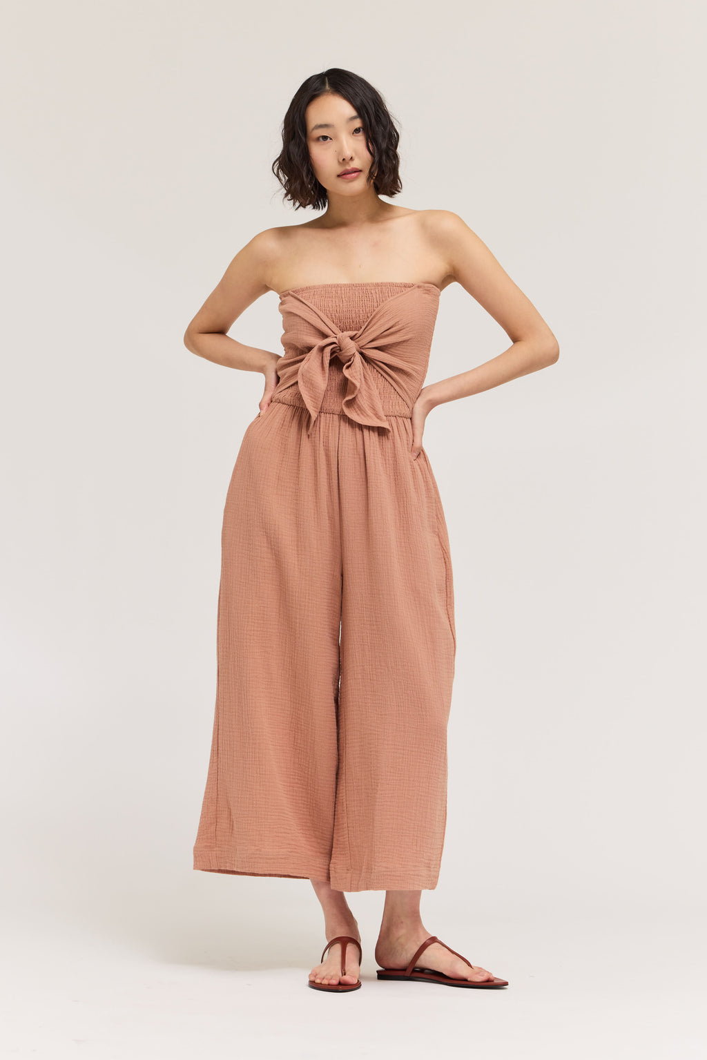 Tie Front Gauze Jumpsuit In Pink Clay
