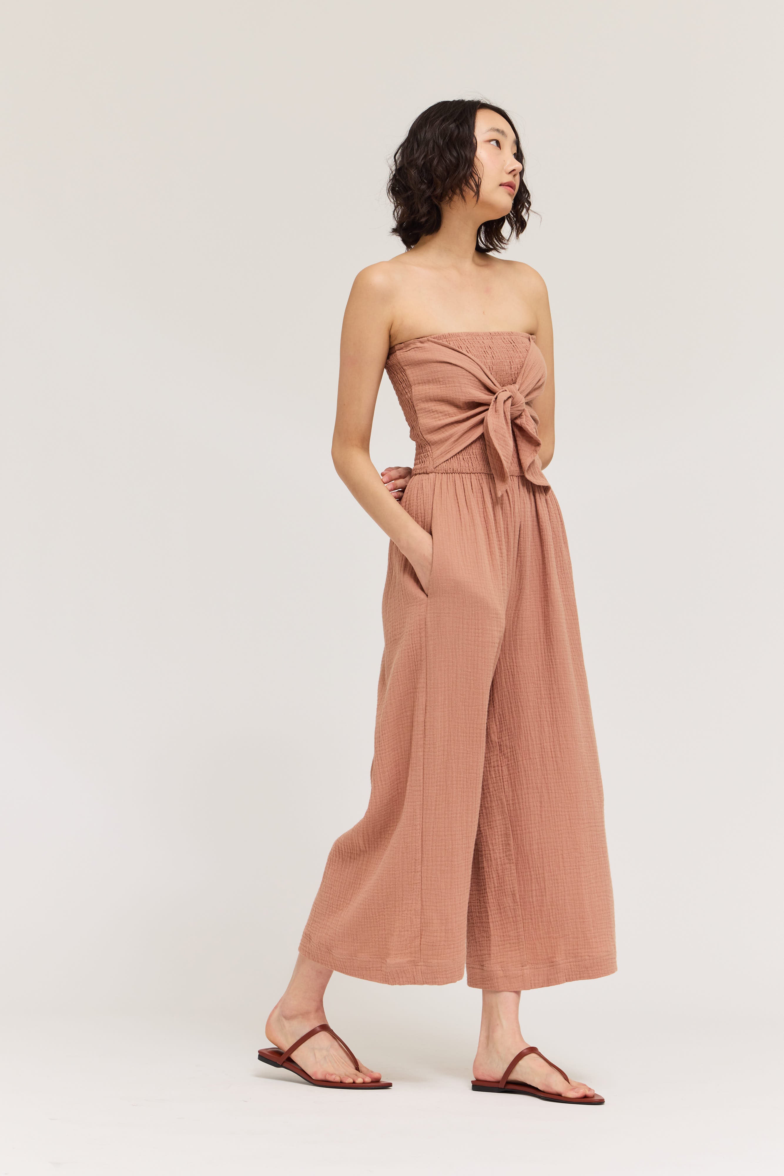 Tie Front Gauze Jumpsuit In Pink Clay