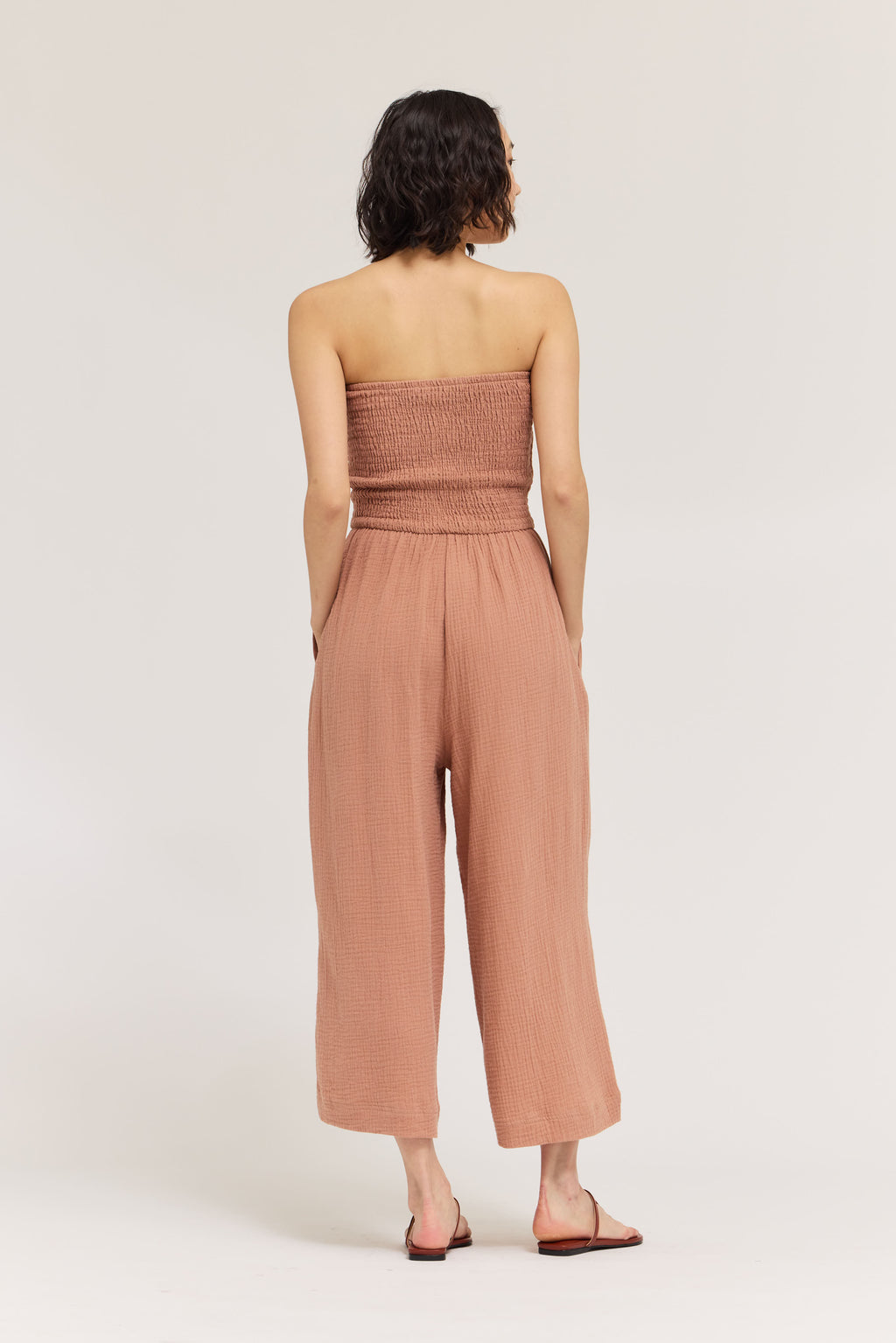 Tie Front Gauze Jumpsuit In Pink Clay