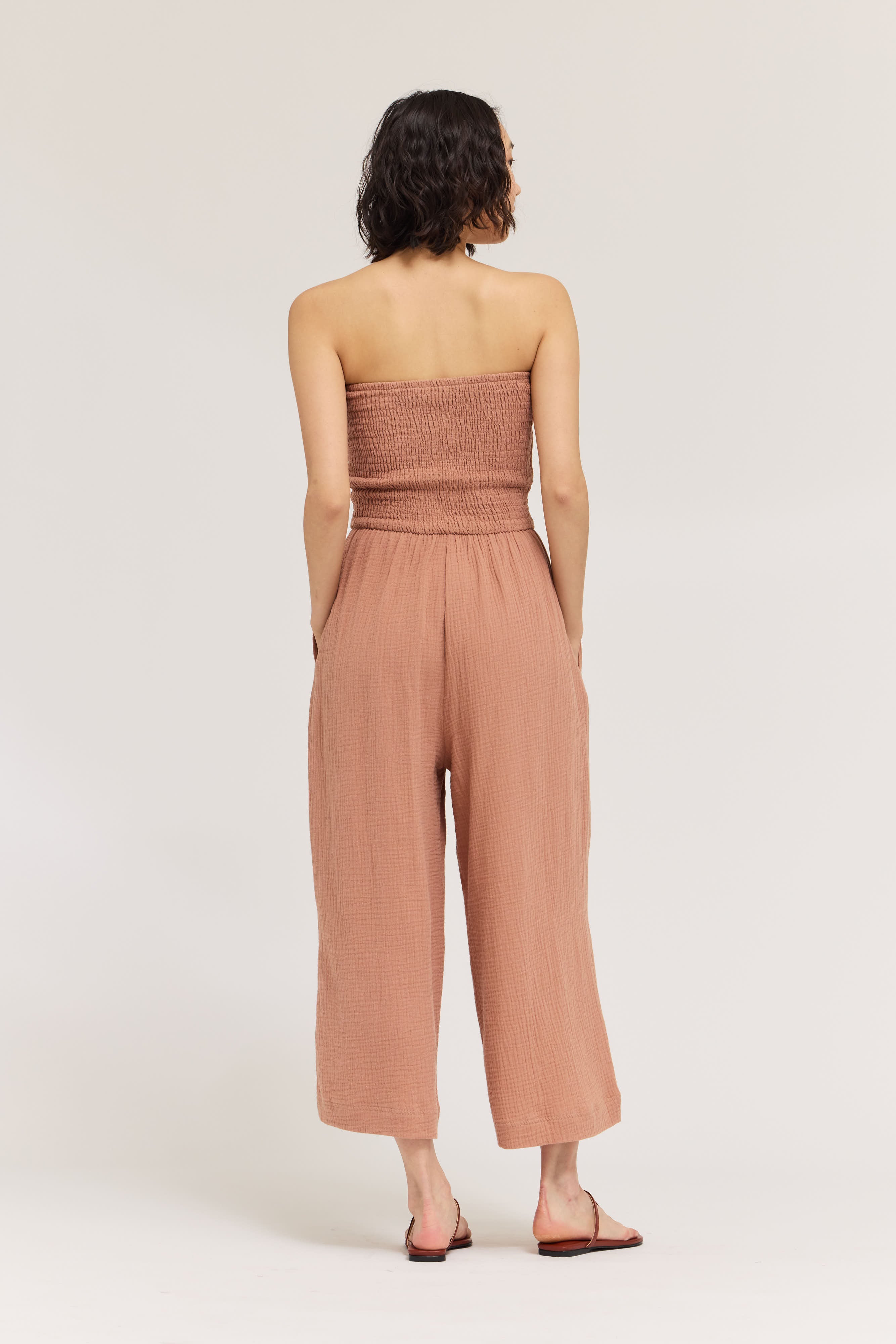 Tie Front Gauze Jumpsuit In Pink Clay