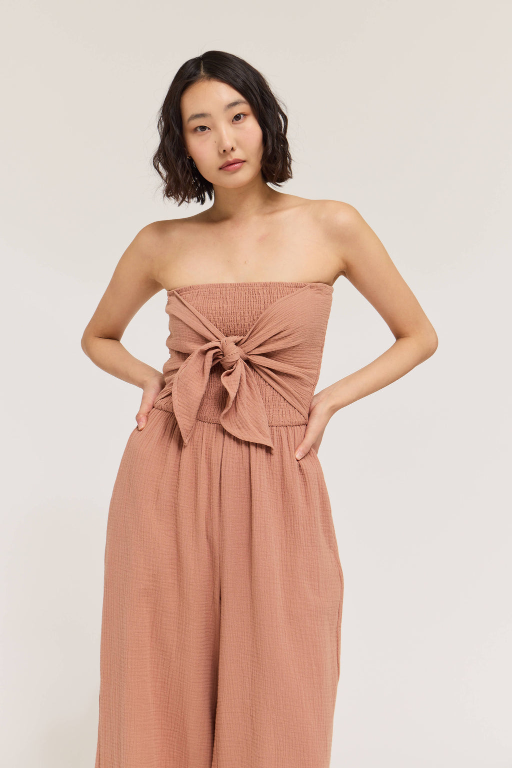 Tie Front Gauze Jumpsuit In Pink Clay