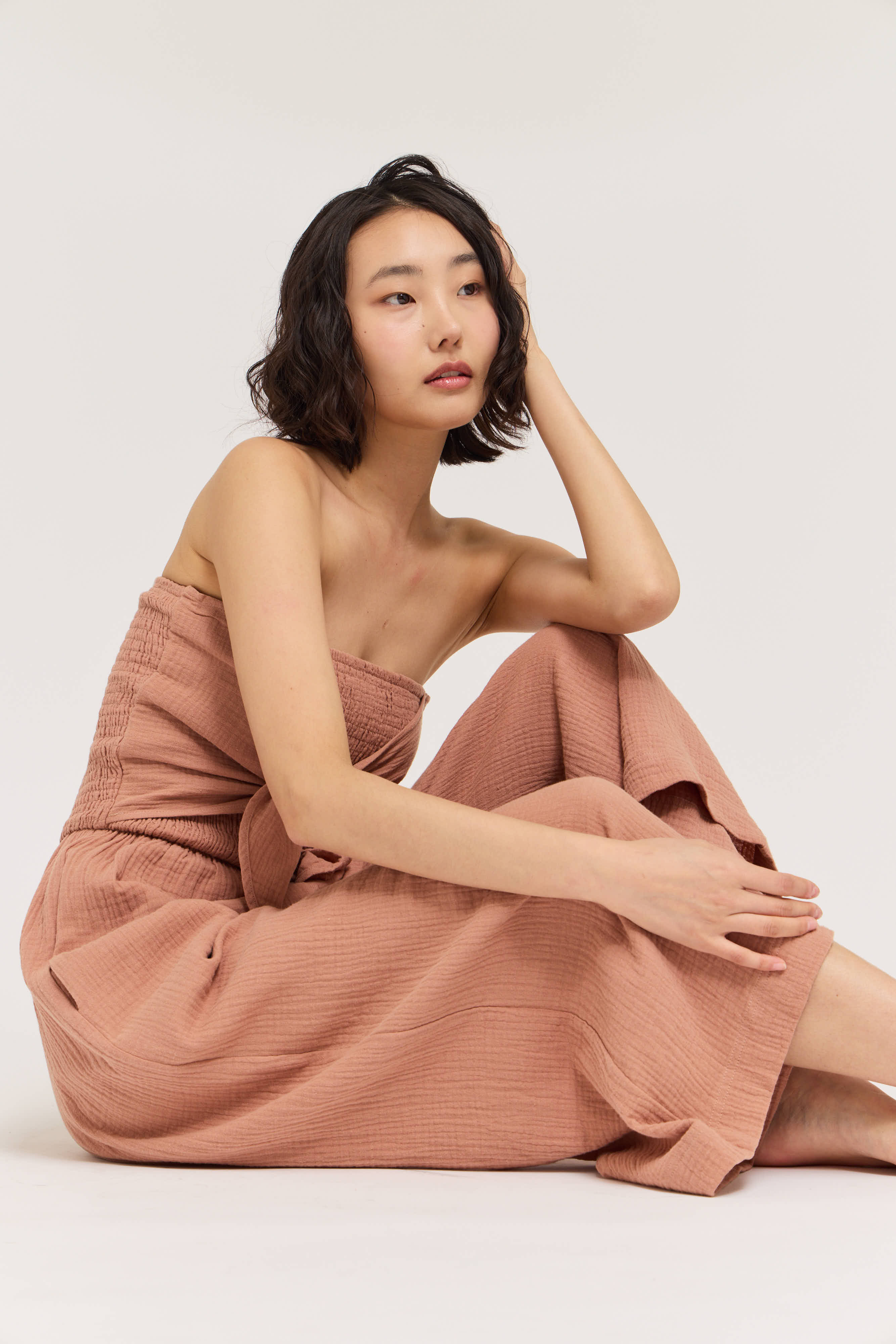 Tie Front Gauze Jumpsuit In Pink Clay