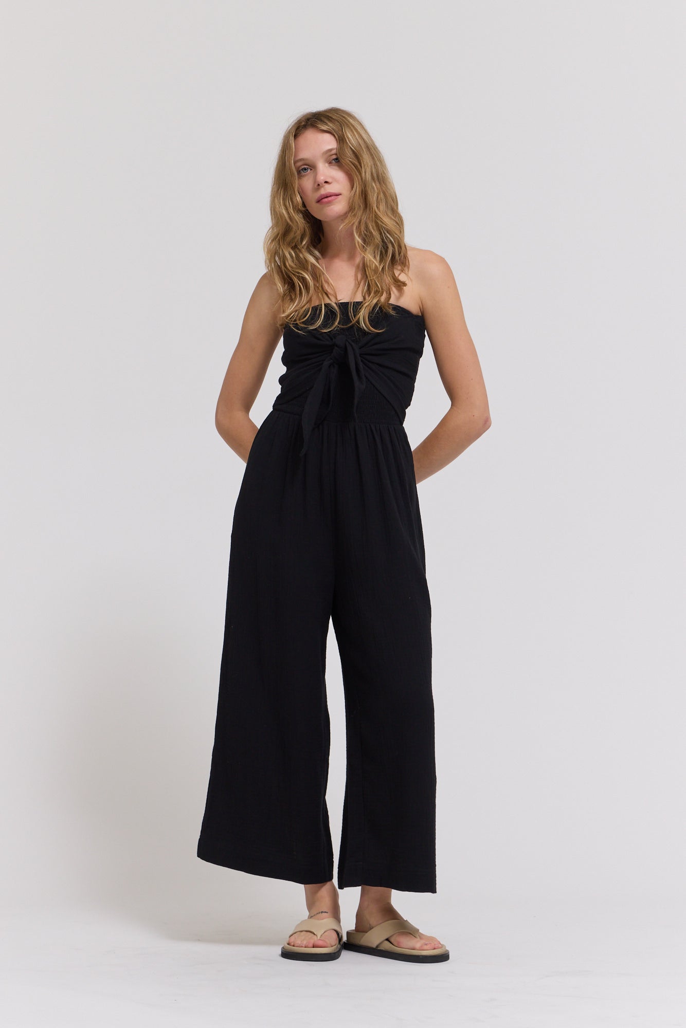 Tie Front Gauze Jumpsuit in Pure Black