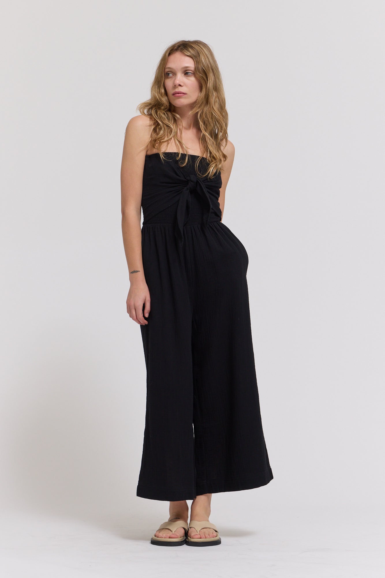 Tie Front Gauze Jumpsuit in Pure Black