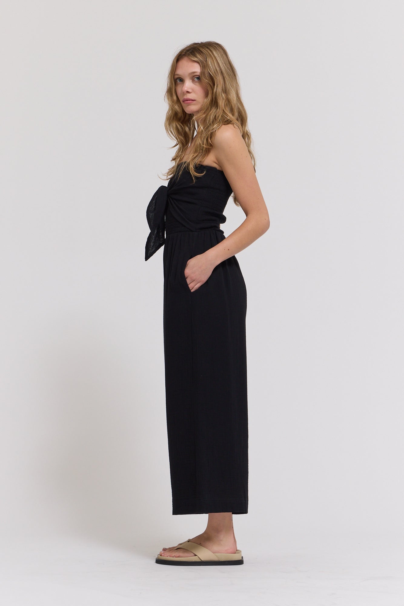 Tie Front Gauze Jumpsuit in Pure Black