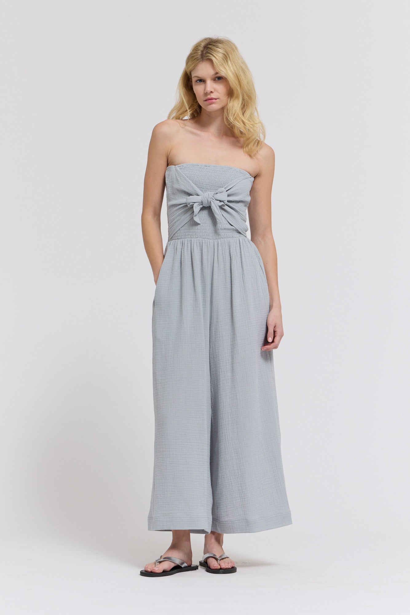 Tie Front Gauze Jumpsuit in Sky Blue