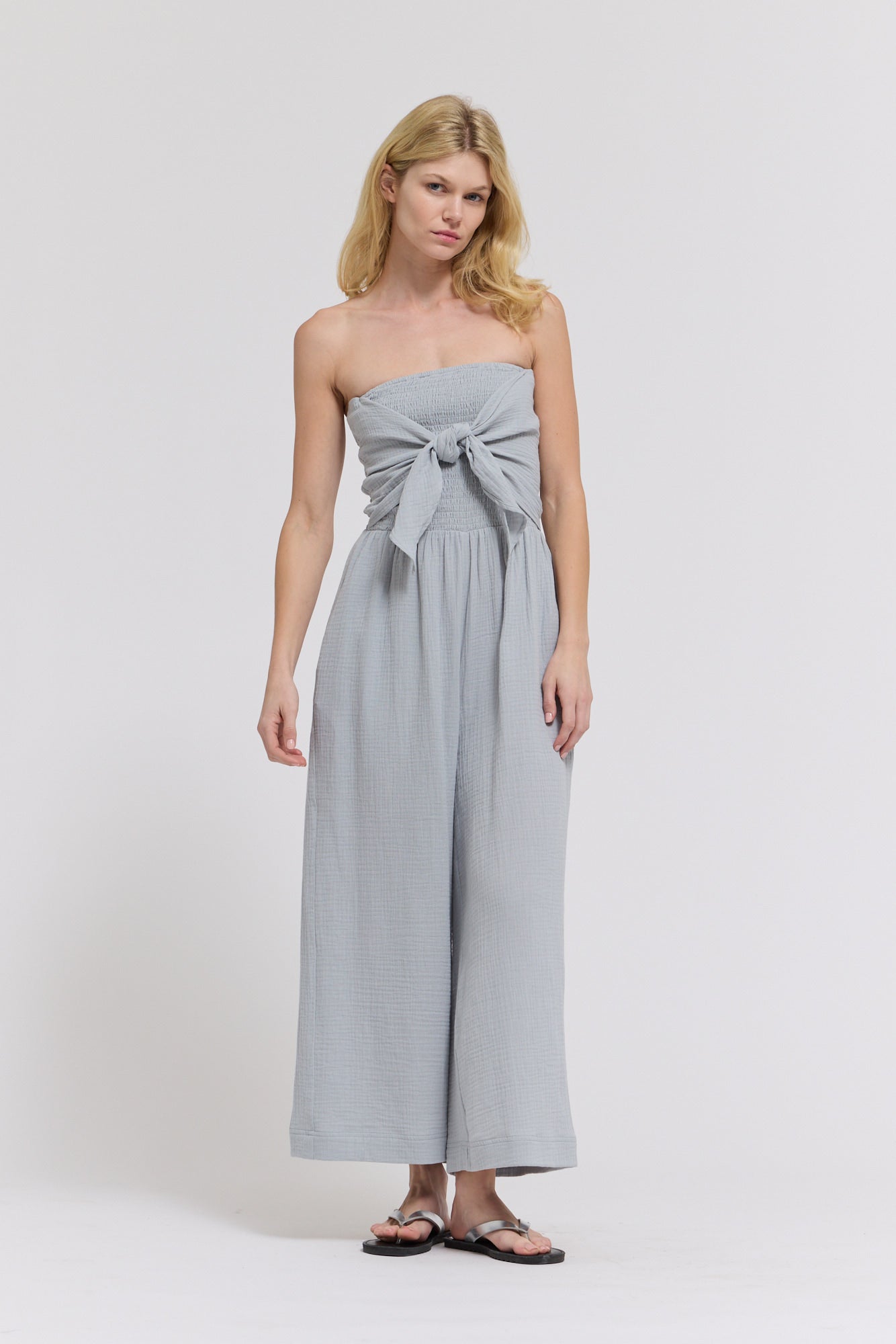Tie Front Gauze Jumpsuit in Sky Blue