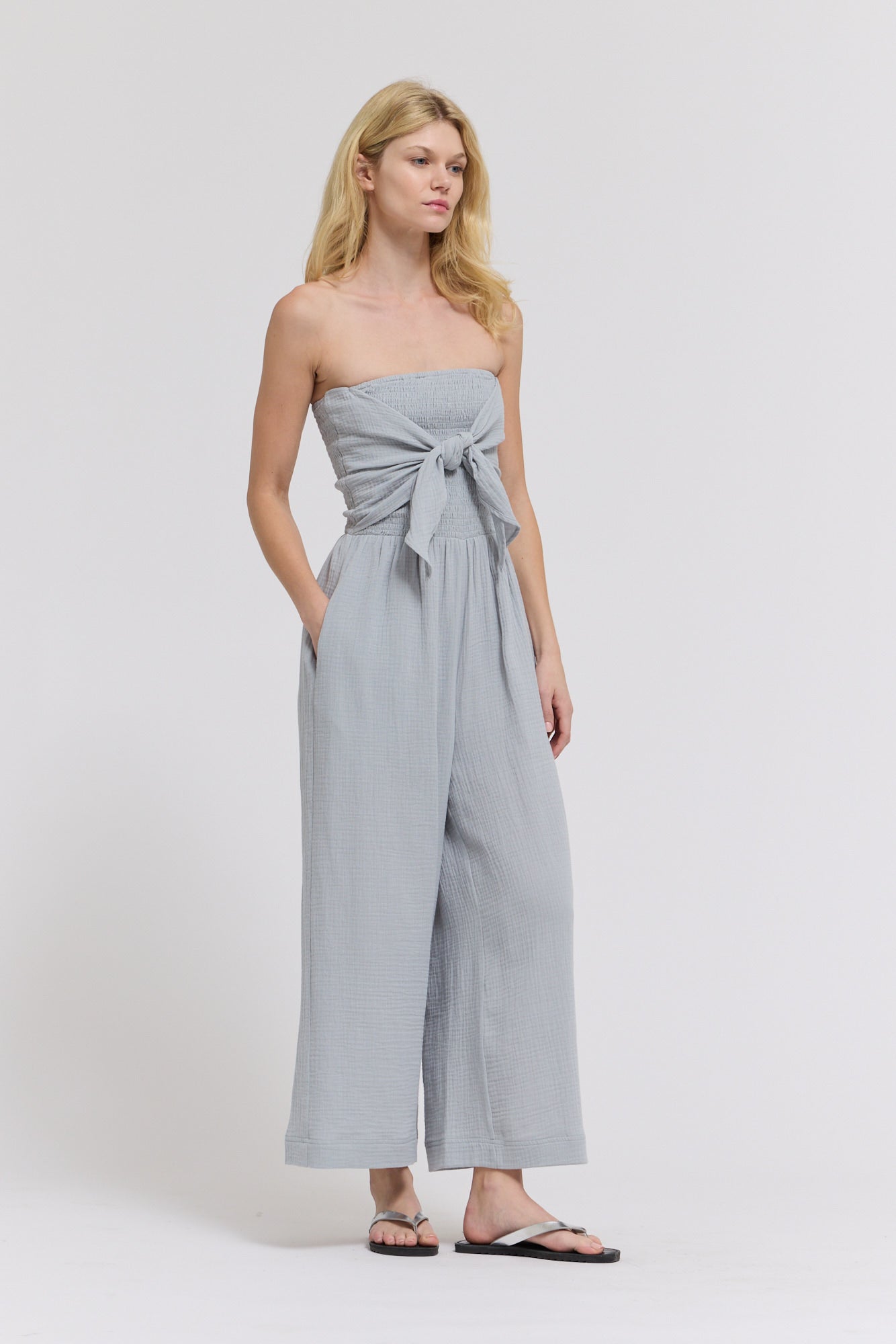 Tie Front Gauze Jumpsuit in Sky Blue