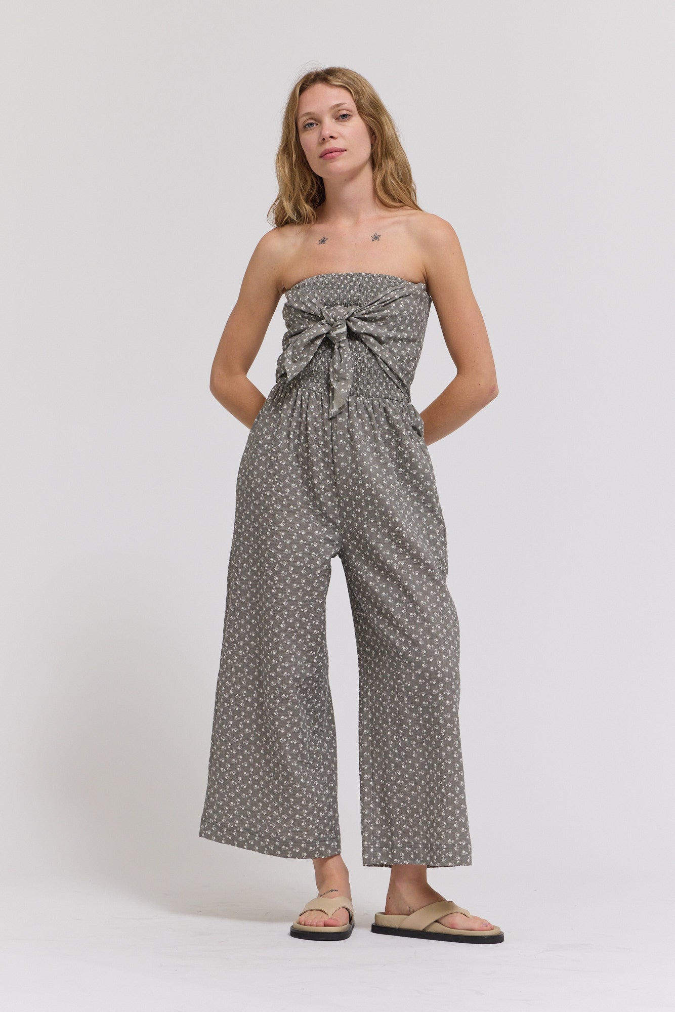 Tie Front Mixed Gauze Jumpsuit in Grey Floral