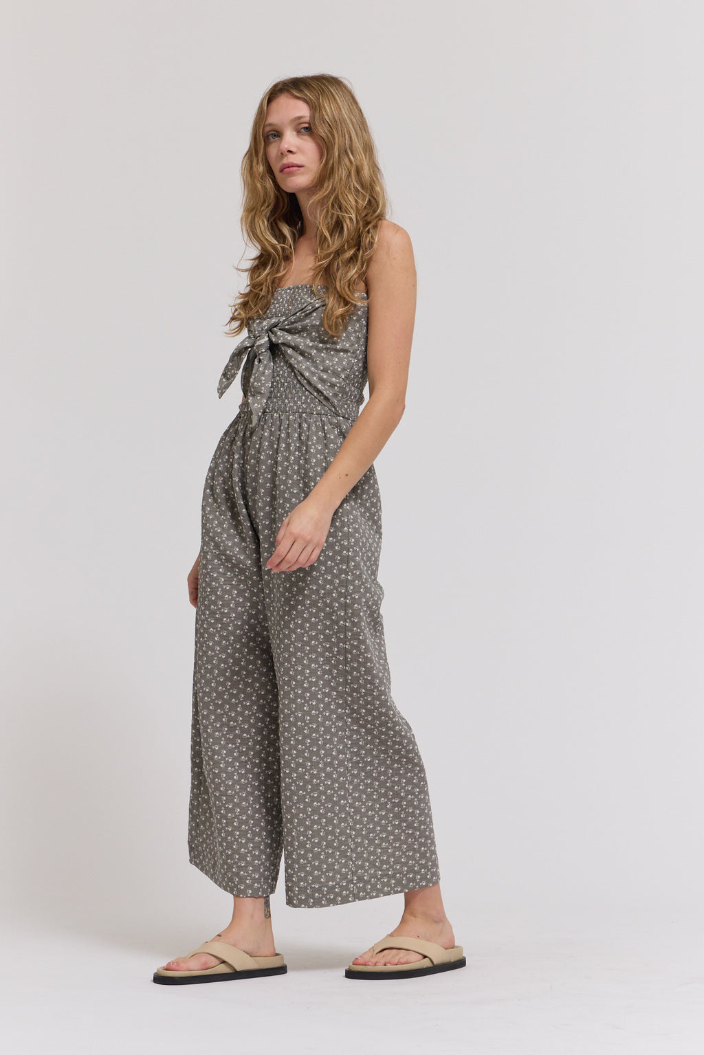 Tie Front Mixed Gauze Jumpsuit in Grey Floral