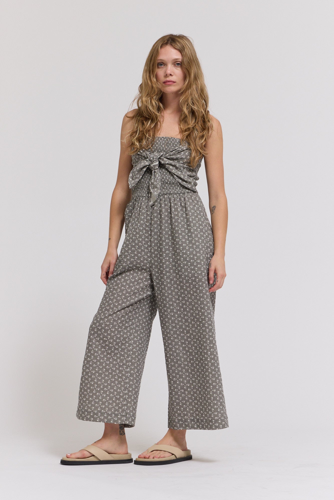 Tie Front Mixed Gauze Jumpsuit in Grey Floral