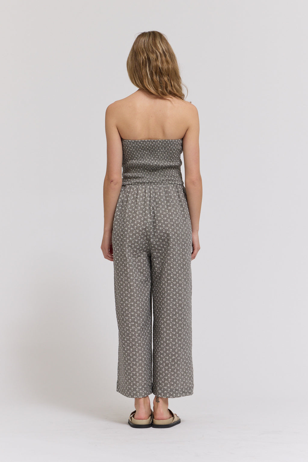 Tie Front Mixed Gauze Jumpsuit in Grey Floral