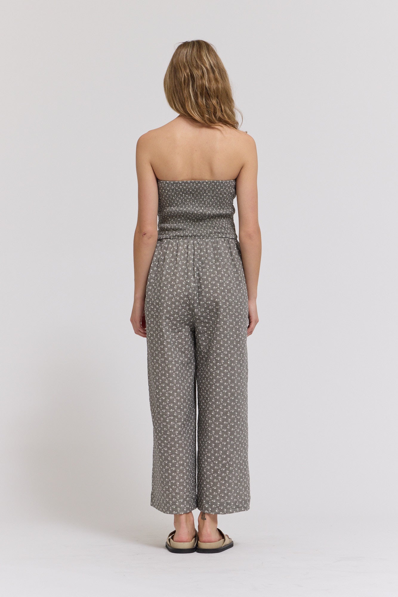 Tie Front Mixed Gauze Jumpsuit in Grey Floral