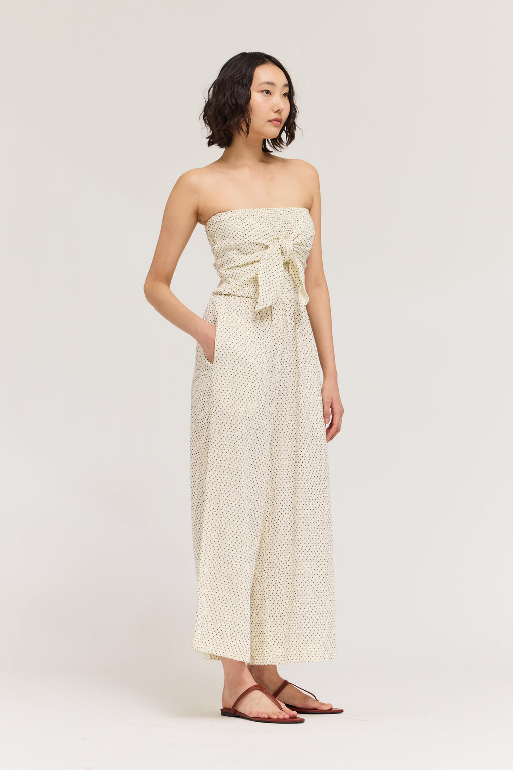 Tie Front Mixed Gauze Jumpsuit in Ivory Floral