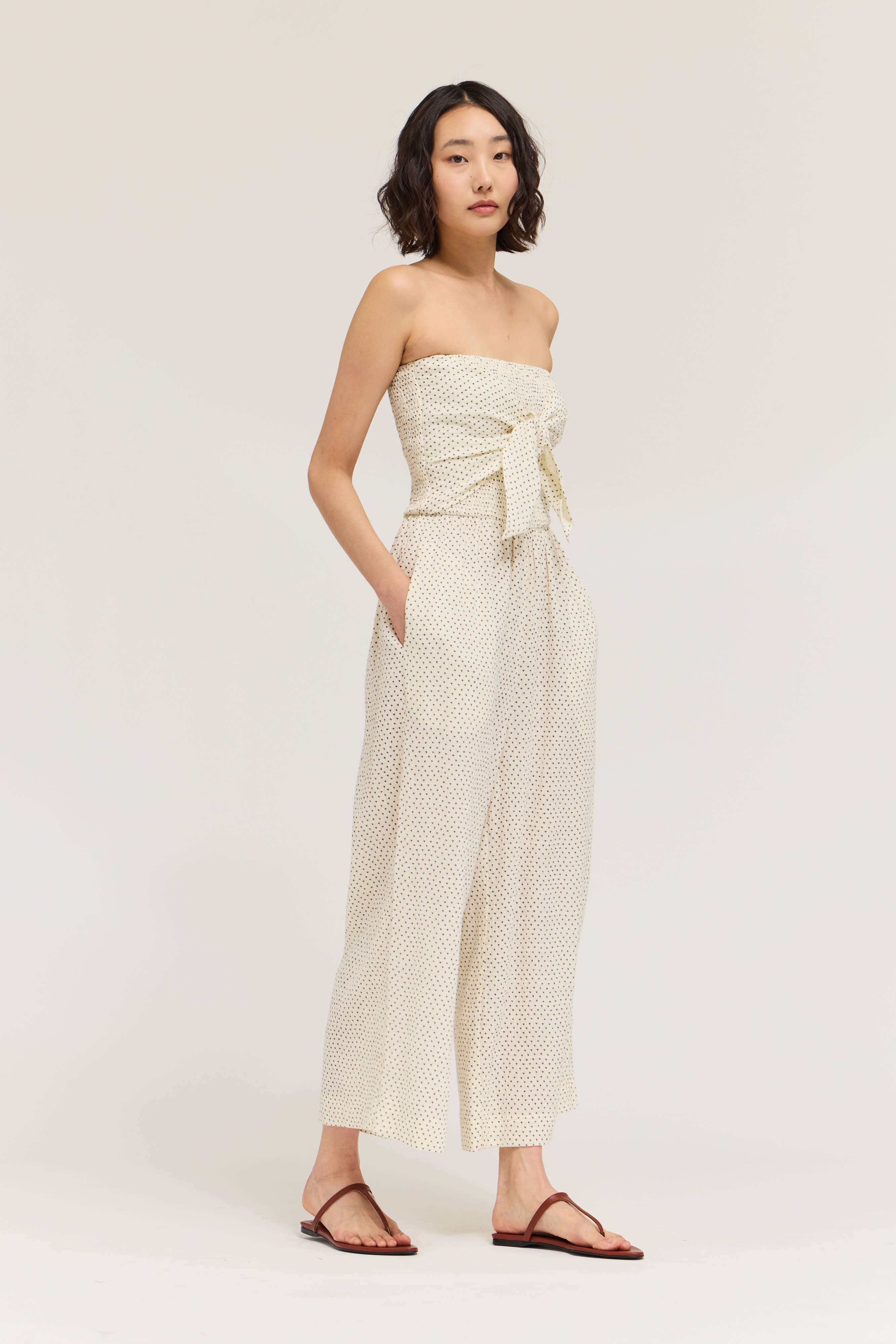 Tie Front Mixed Gauze Jumpsuit in Ivory Floral