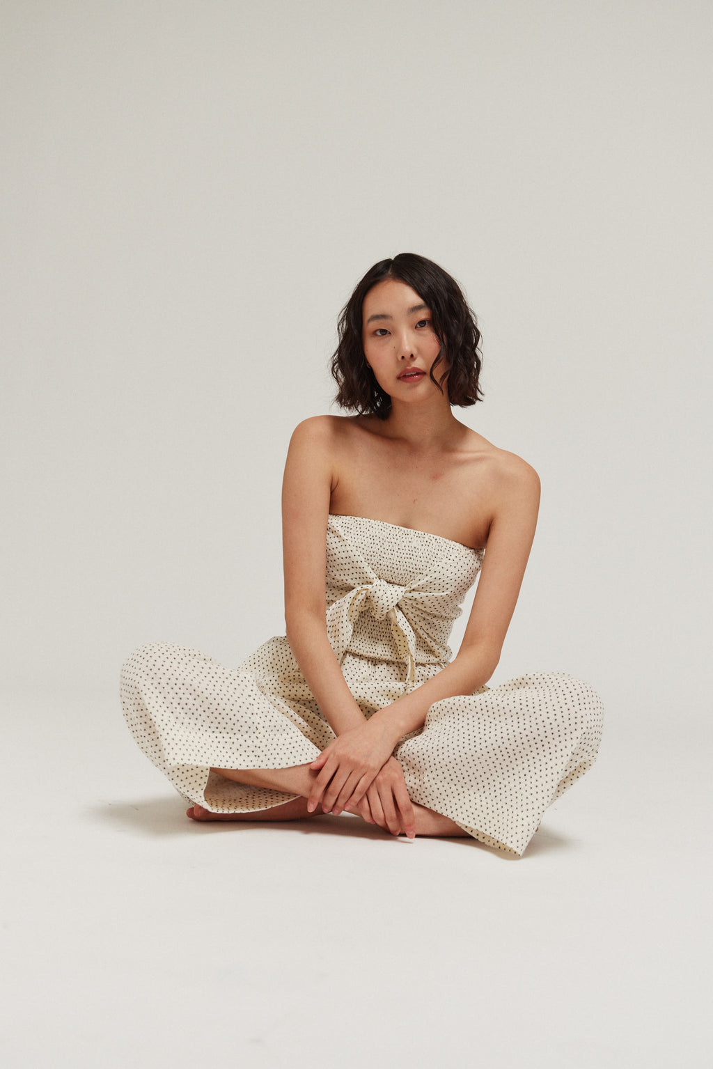 Tie Front Mixed Gauze Jumpsuit in Ivory Floral