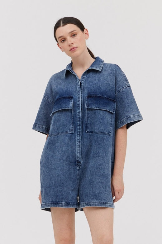 Oversize Romper in Medium Wash