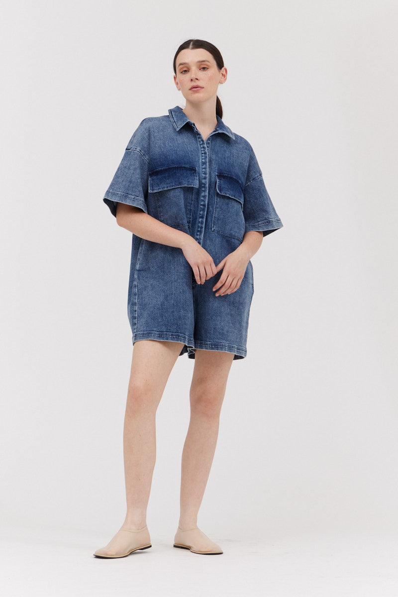 Oversize Romper in Medium Wash