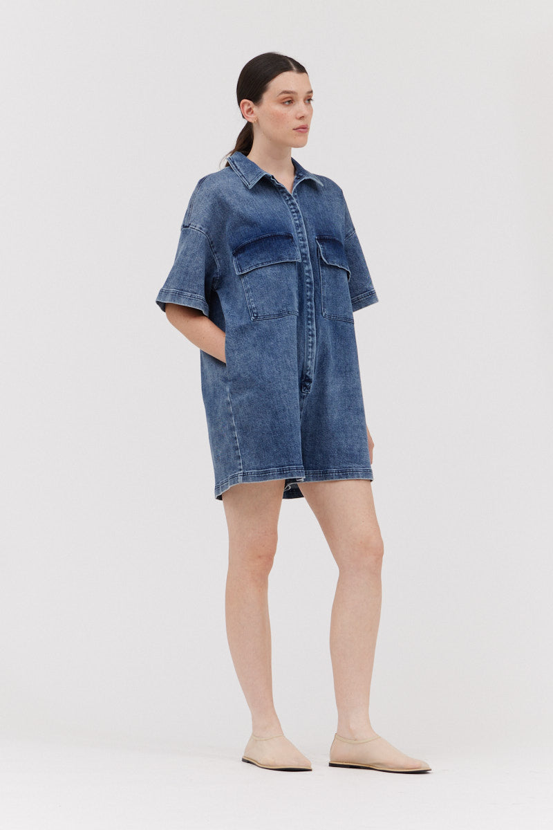 Oversize Romper in Medium Wash