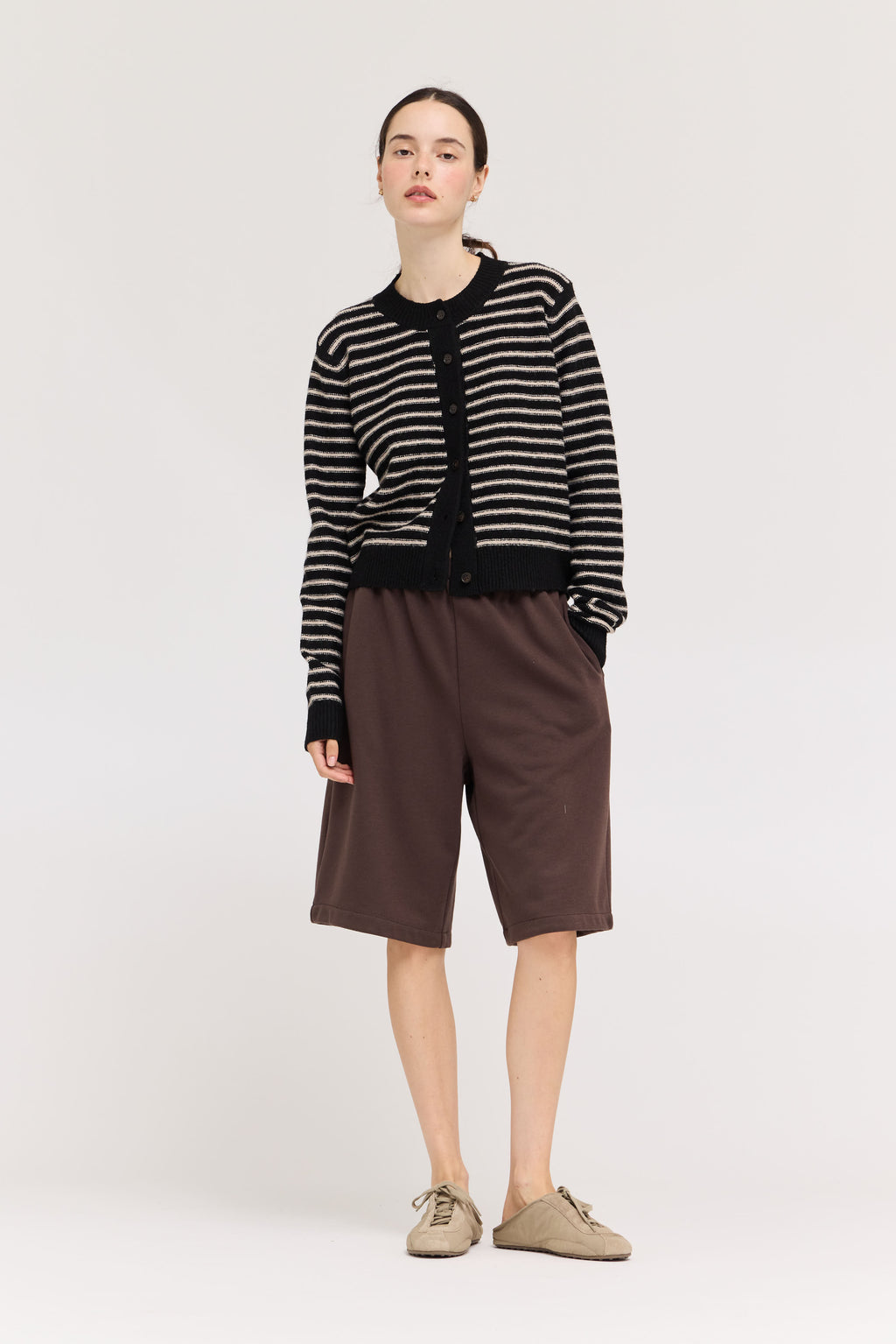 Striped Button Up Cardigan in Black