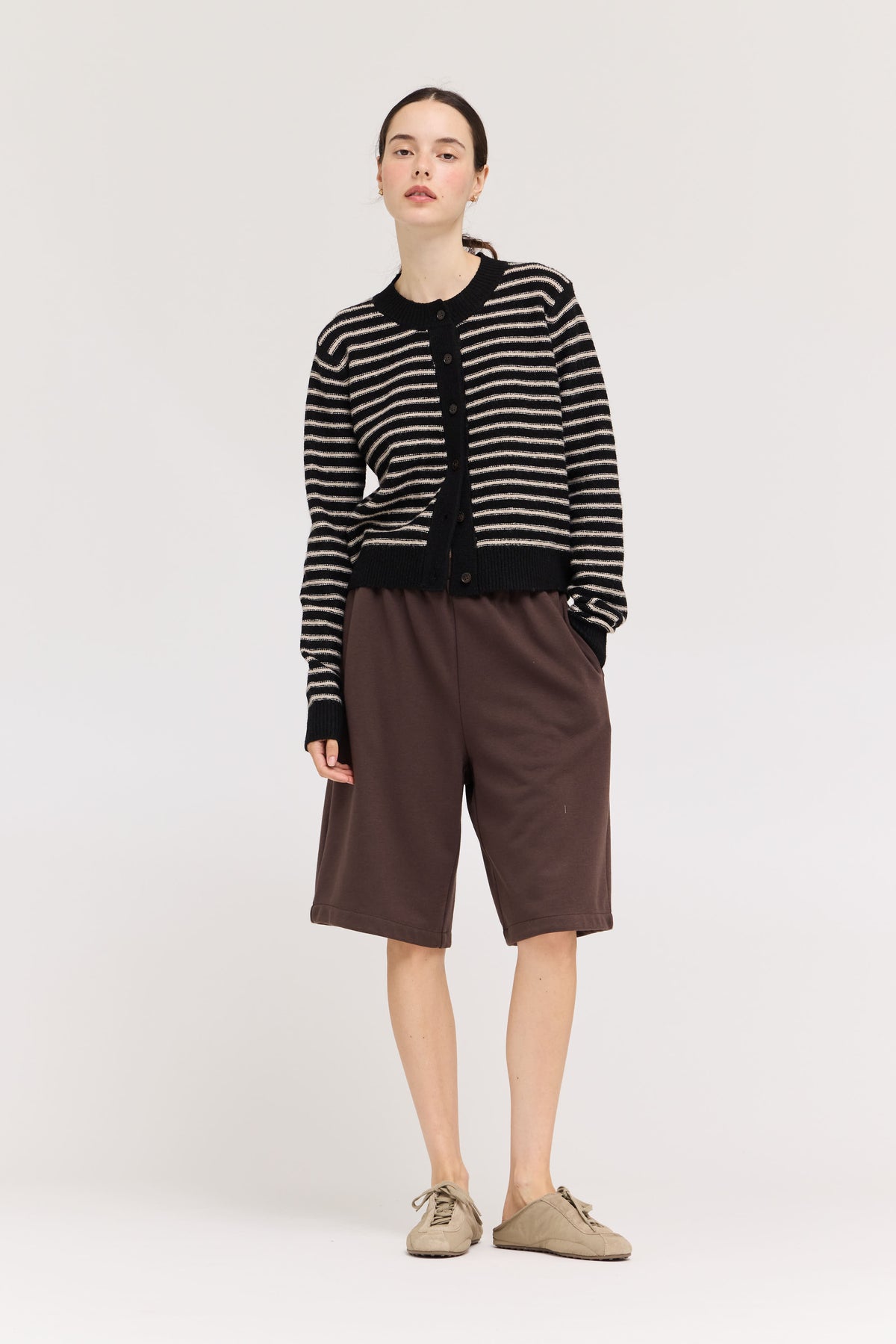 Striped Button Up Cardigan in Black