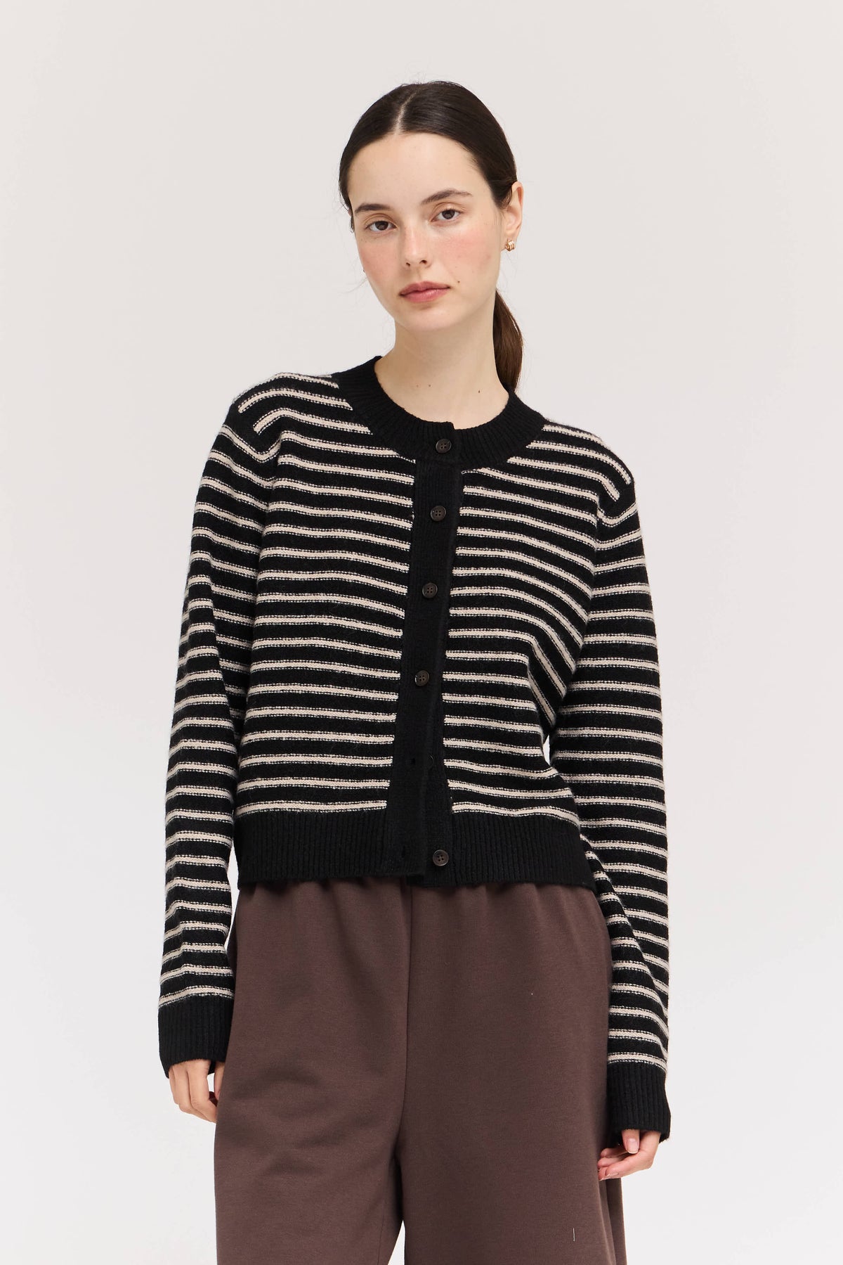 Striped Button Up Cardigan in Black