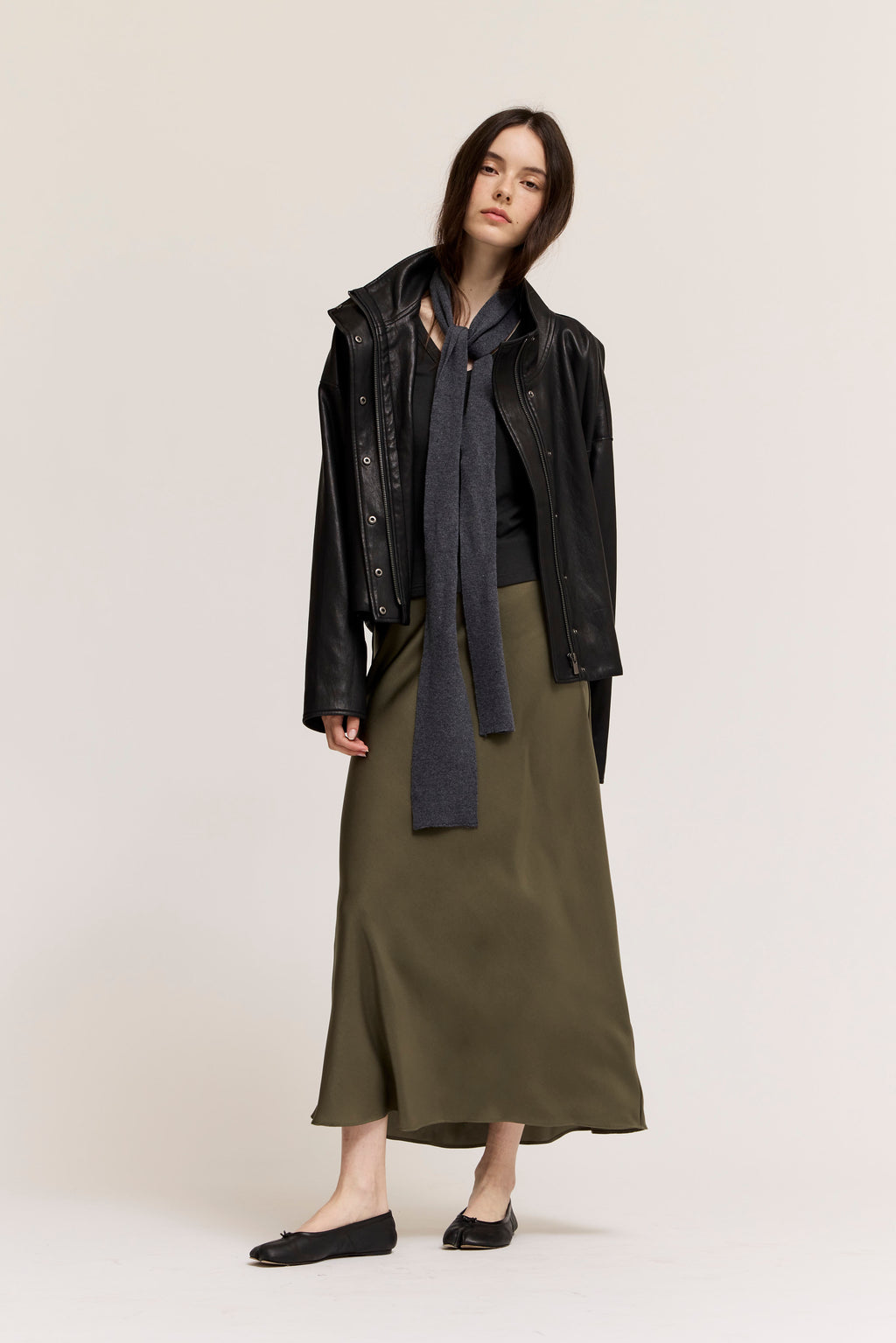 Flared Satin Maxi Skirt in Martini Olive