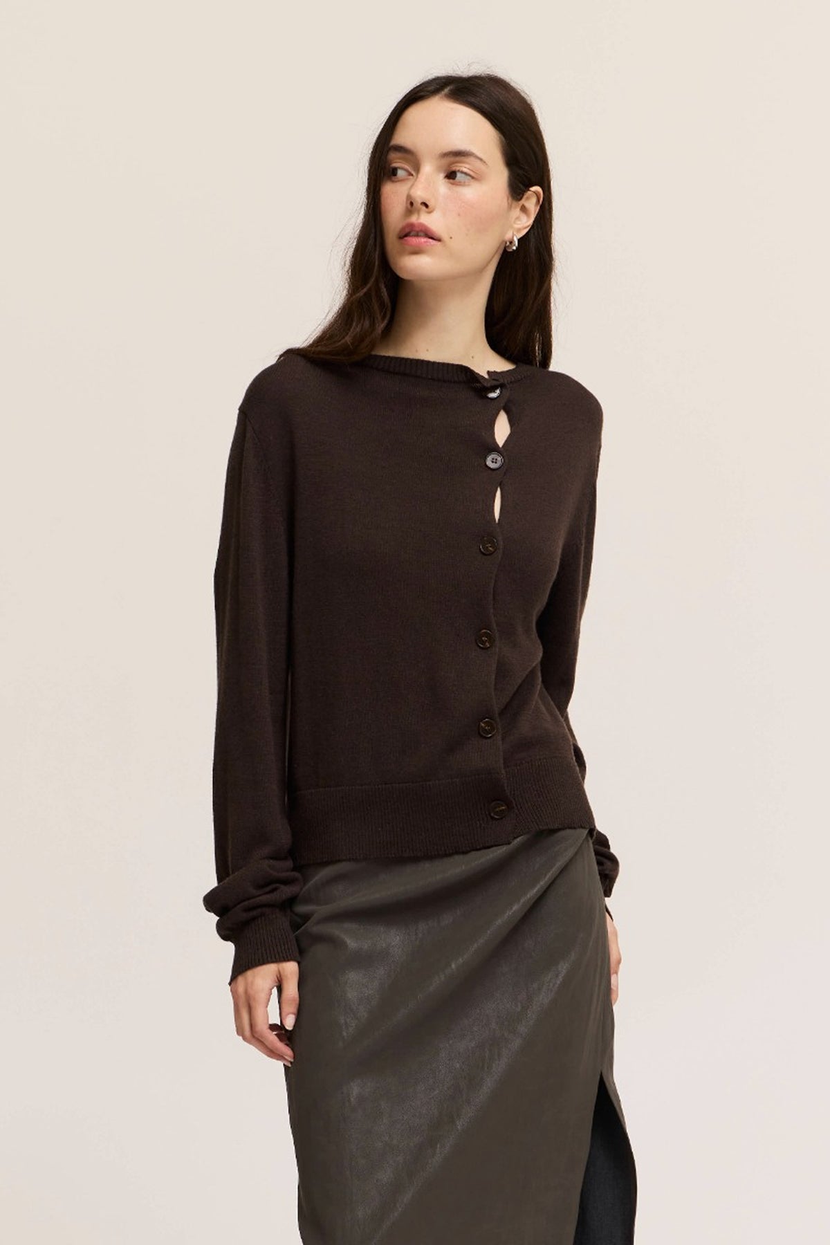 Irregular Button Up Cardigan in Dark Chocolate