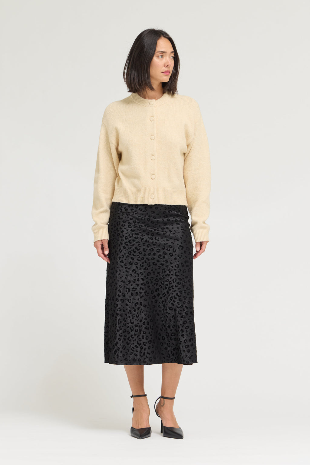 Leopard Satin Slip Skirt in Black Leopard