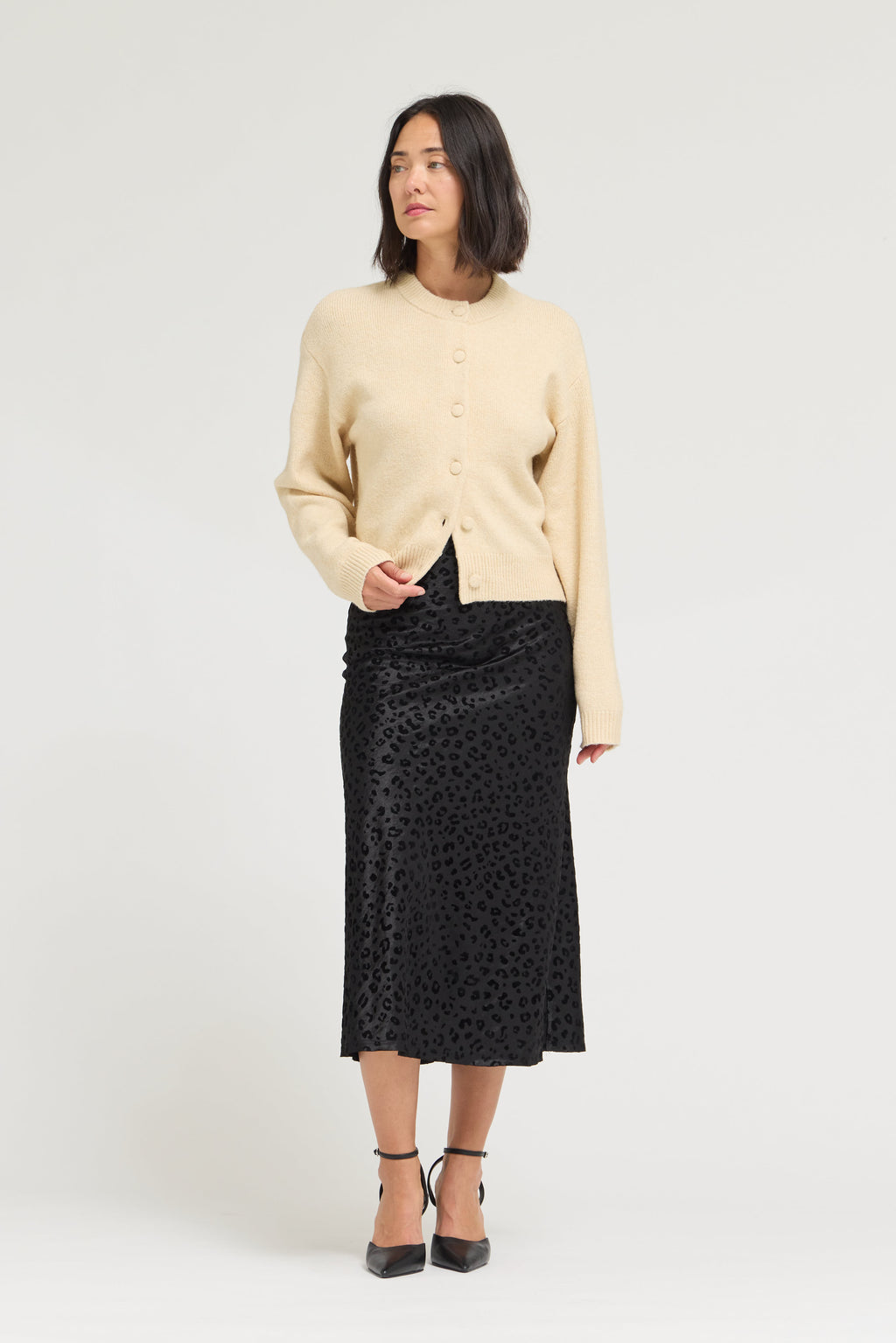 Leopard Satin Slip Skirt in Black Leopard