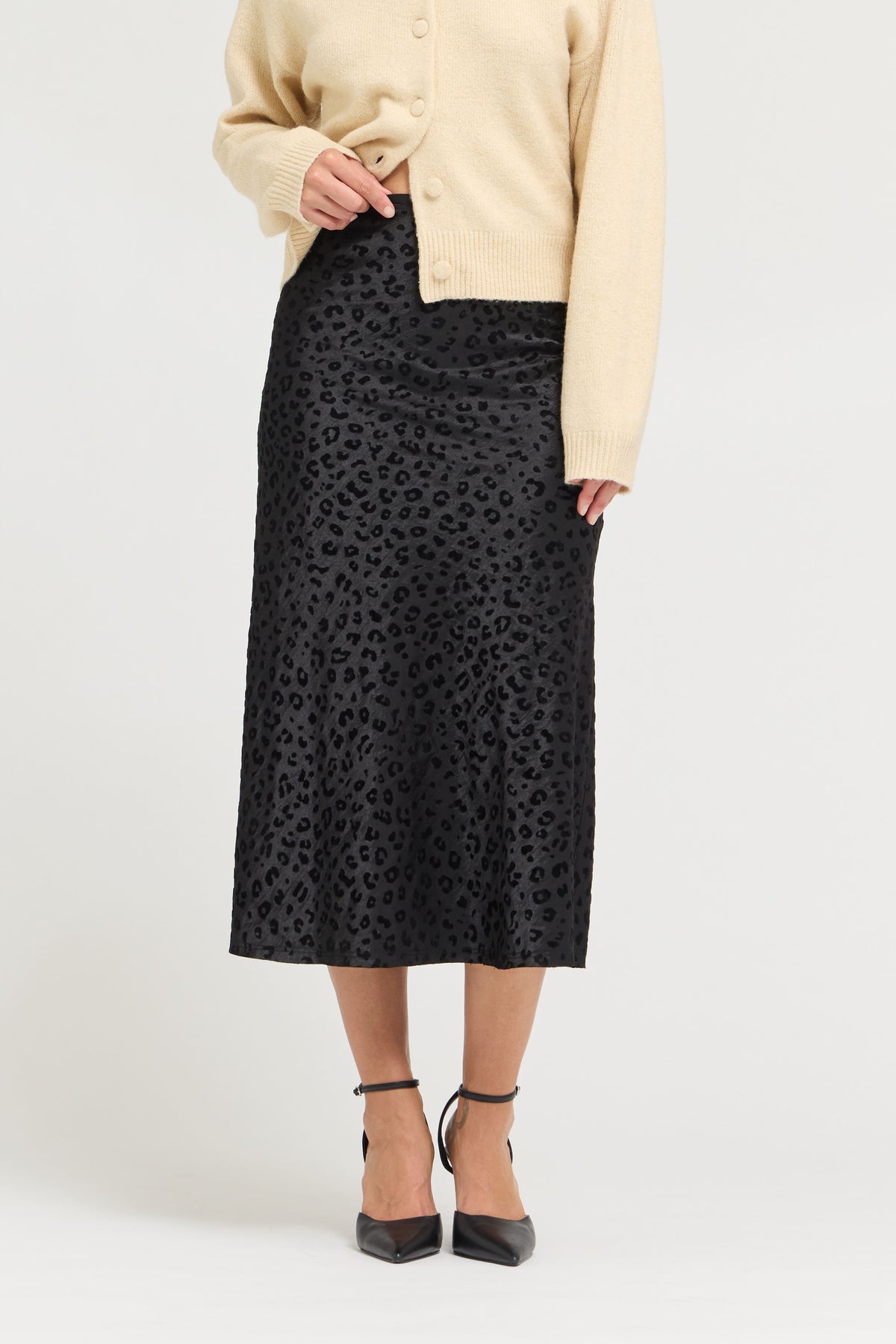 Leopard Satin Slip Skirt in Black Leopard