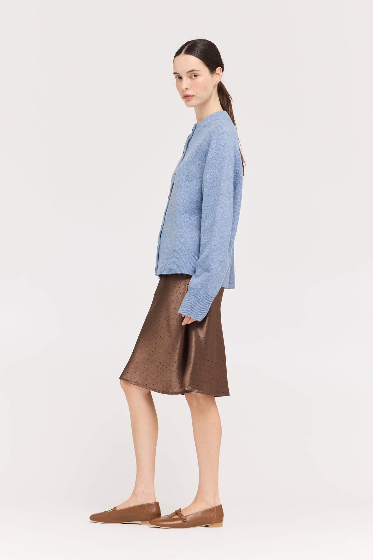 Polka Dot Knee Length Slip Skirt in Chocolate
